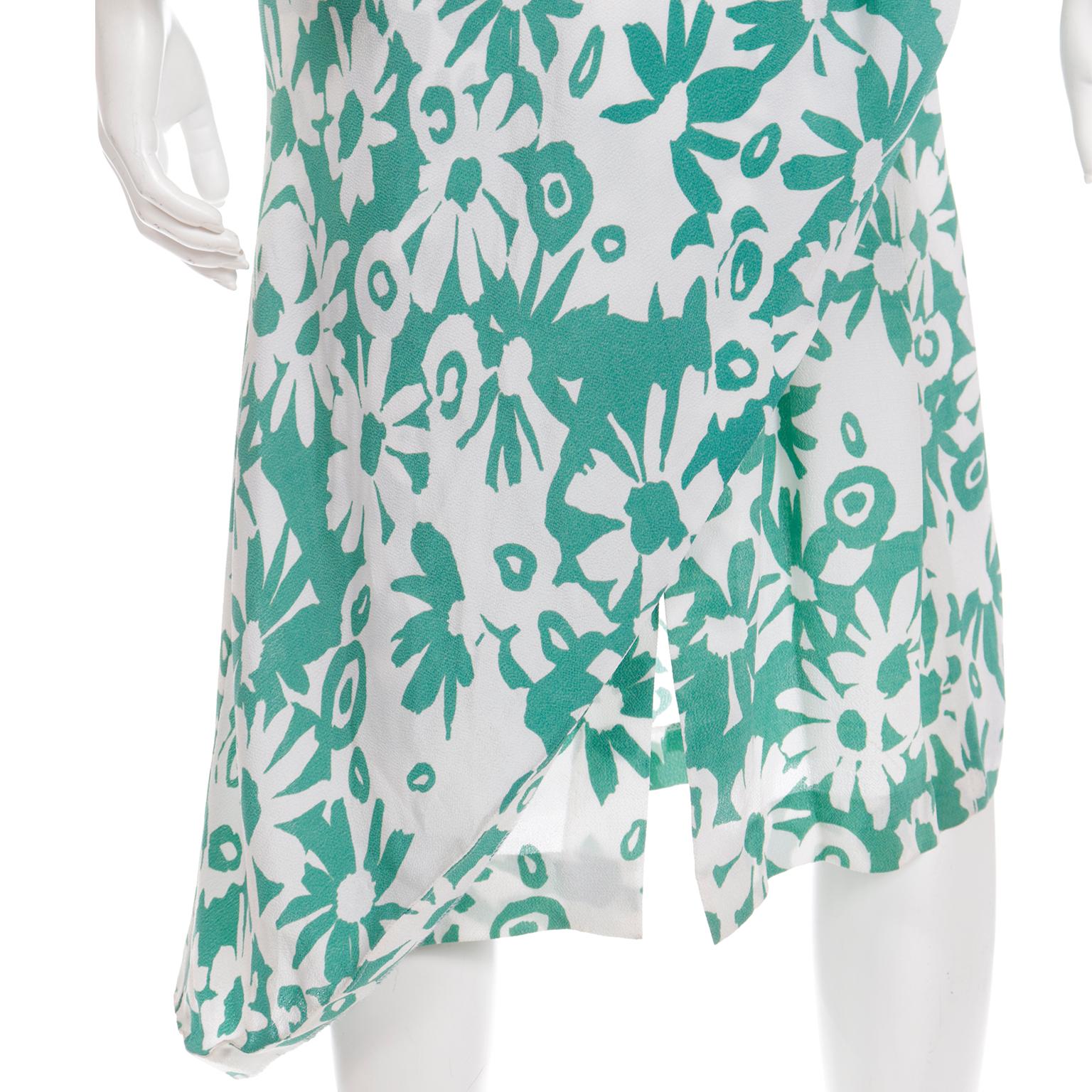 1980s Pierre Cardin Green and White Floral Asymmetrical Dress with Side Tie For Sale 6