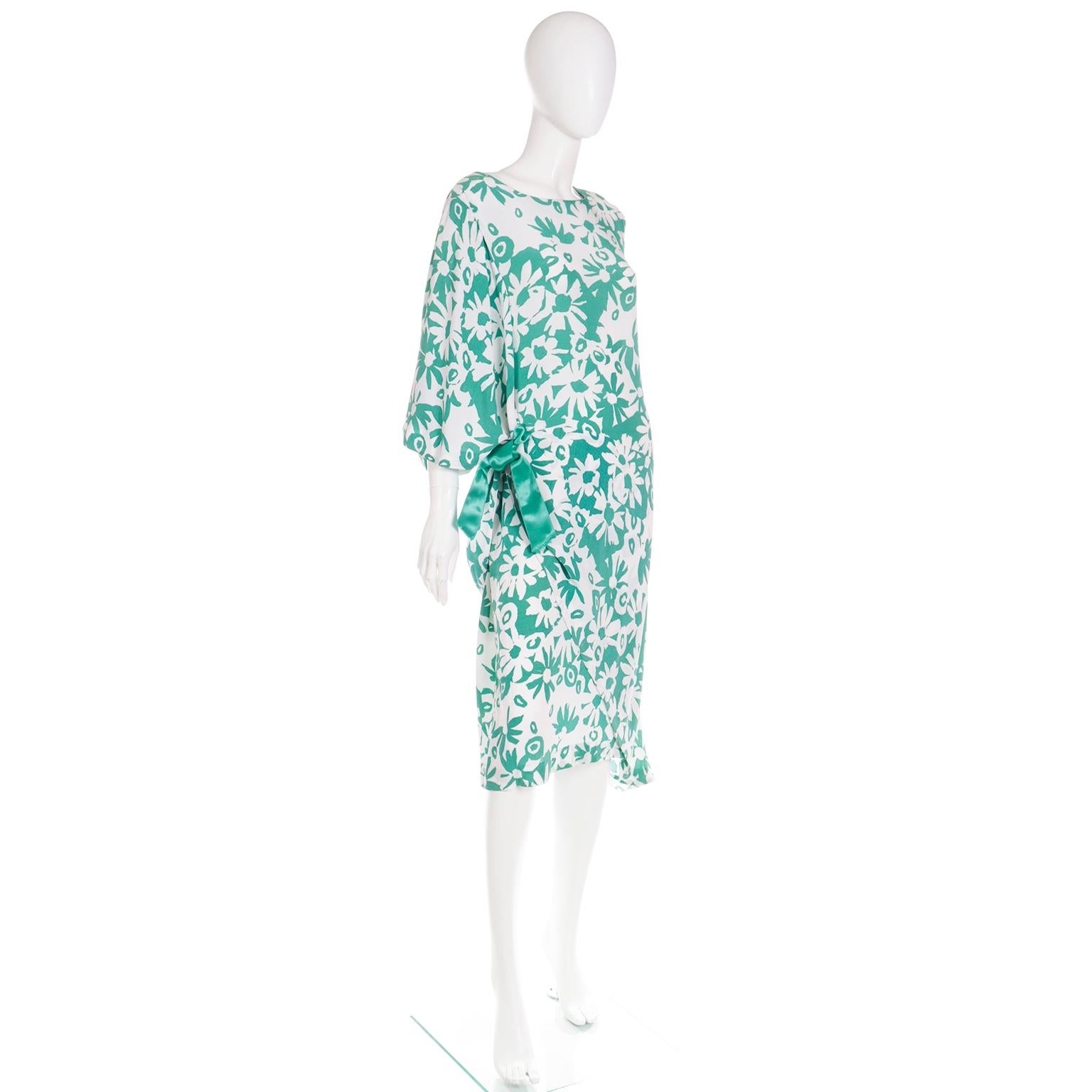 Blue 1980s Pierre Cardin Green and White Floral Asymmetrical Dress with Side Tie For Sale