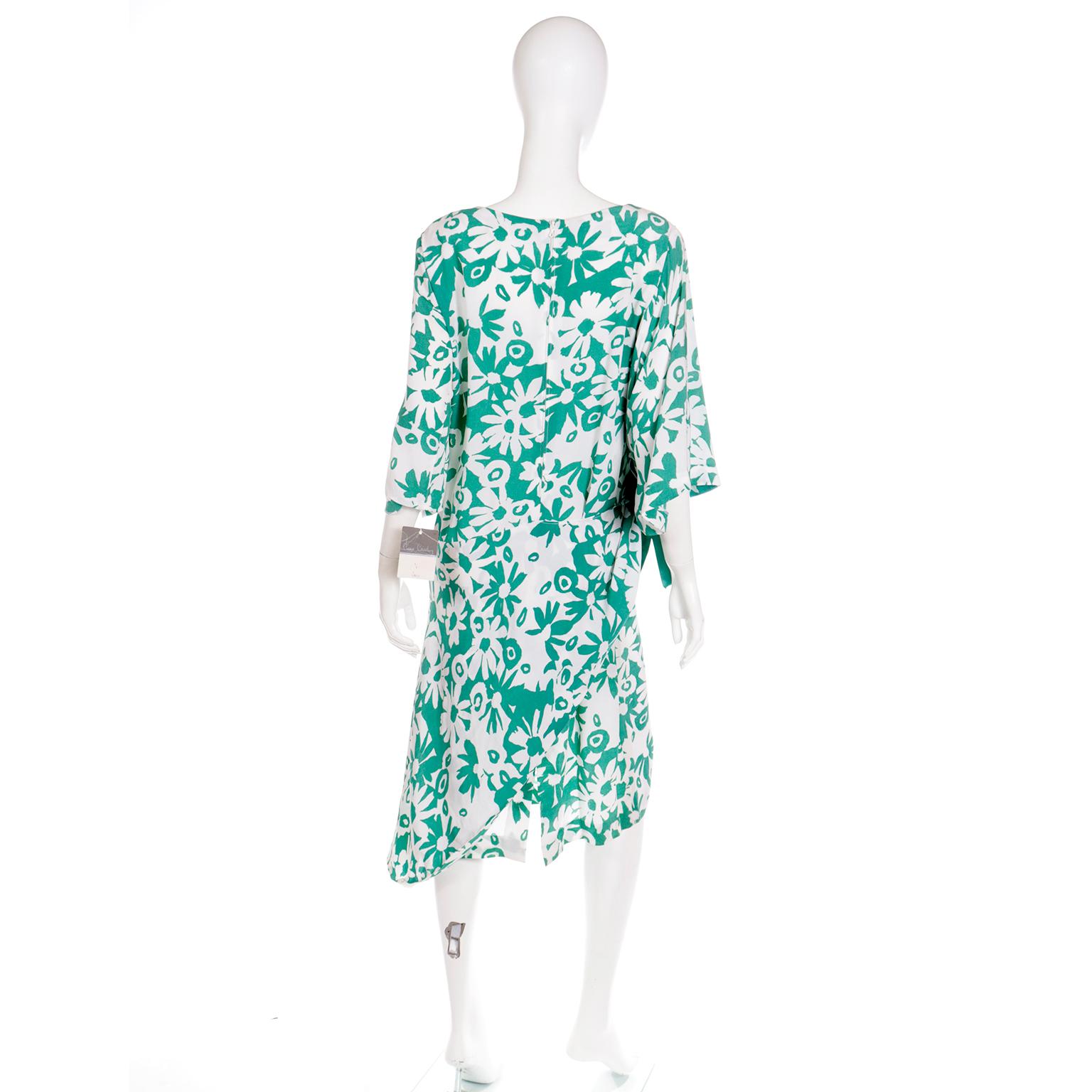 1980s Pierre Cardin Green and White Floral Asymmetrical Dress with Side Tie In Excellent Condition For Sale In Portland, OR