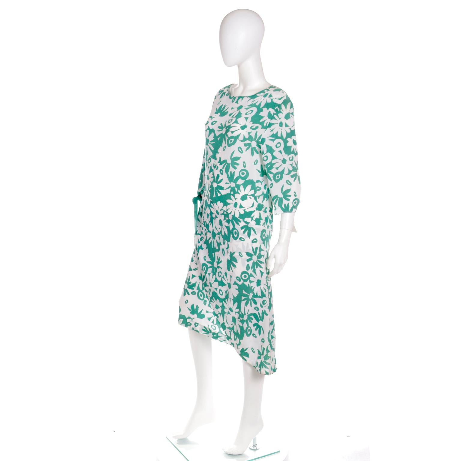 Women's 1980s Pierre Cardin Green and White Floral Asymmetrical Dress with Side Tie For Sale