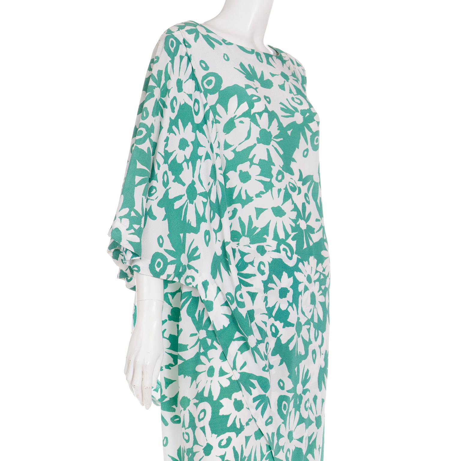 1980s Pierre Cardin Green and White Floral Asymmetrical Dress with Side Tie For Sale 1