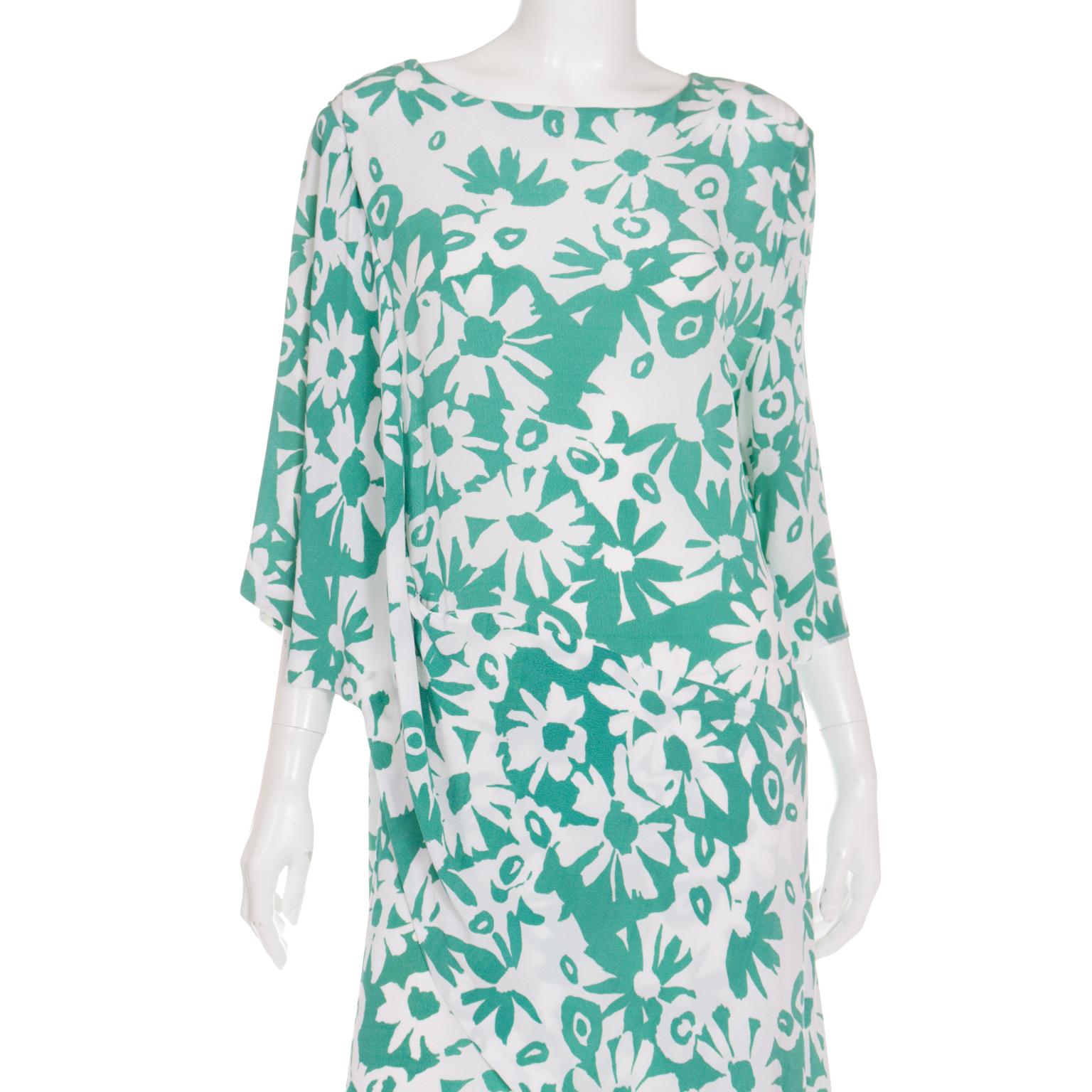 1980s Pierre Cardin Green and White Floral Asymmetrical Dress with Side Tie For Sale 3