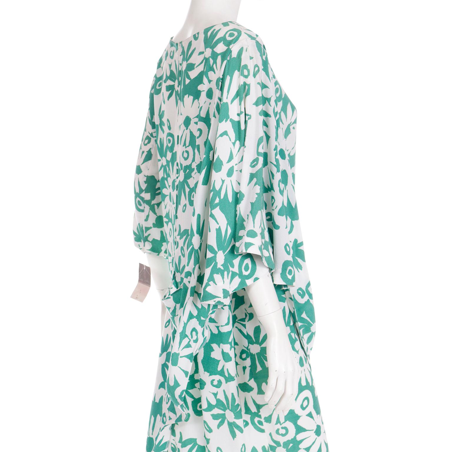 1980s Pierre Cardin Green and White Floral Asymmetrical Dress with Side Tie For Sale 4