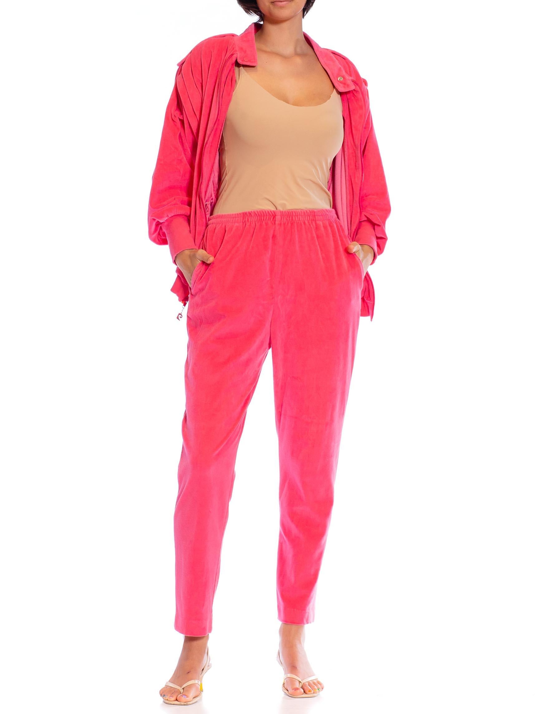 1980S PIERRE CARDIN Hot Pink Cotton Blend Velour Track Pant Suit In Excellent Condition For Sale In New York, NY
