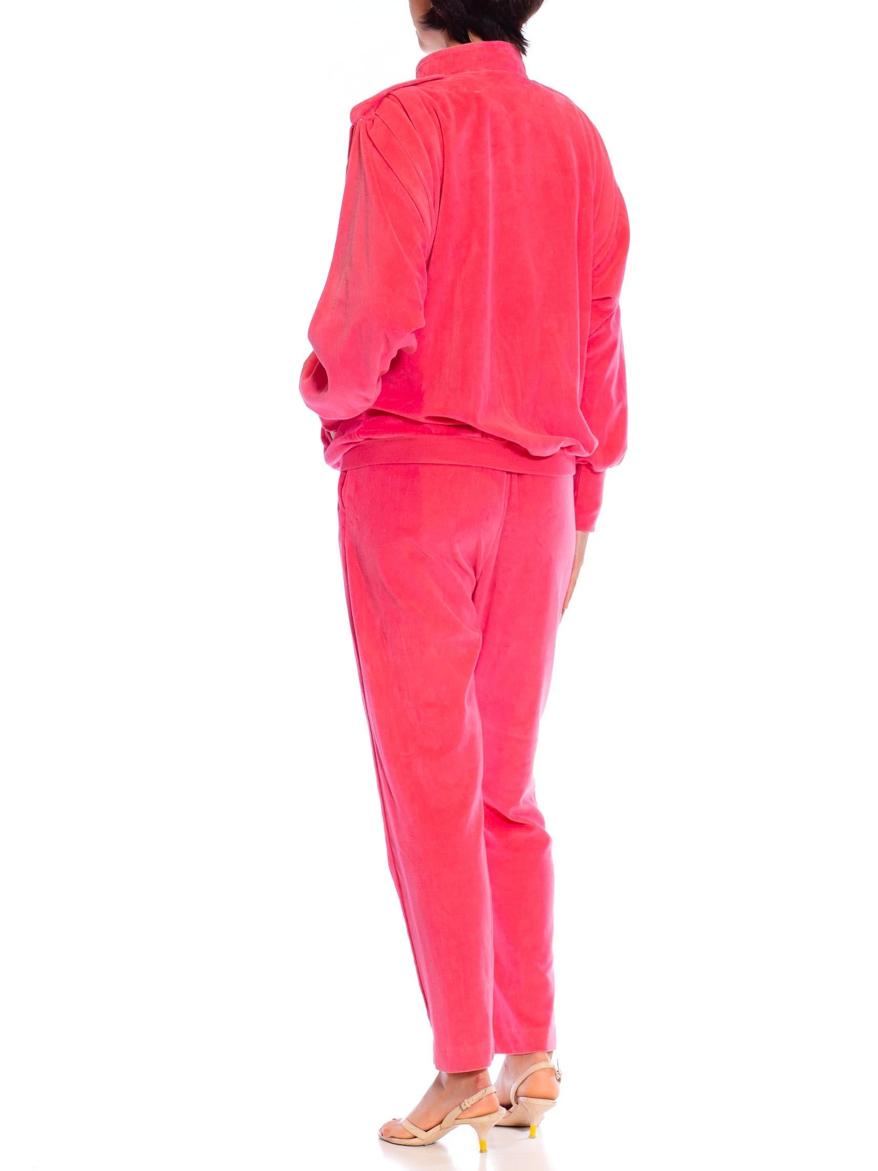 Women's 1980S PIERRE CARDIN Hot Pink Cotton Blend Velour Track Pant Suit For Sale