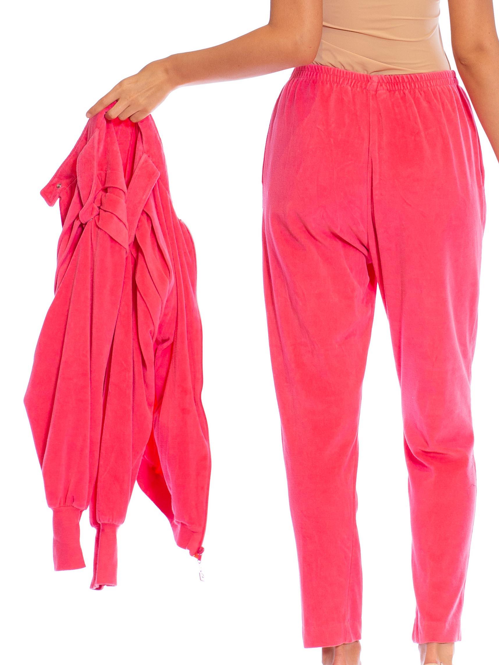 1980S PIERRE CARDIN Hot Pink Cotton Blend Velour Track Pant Suit For Sale 1