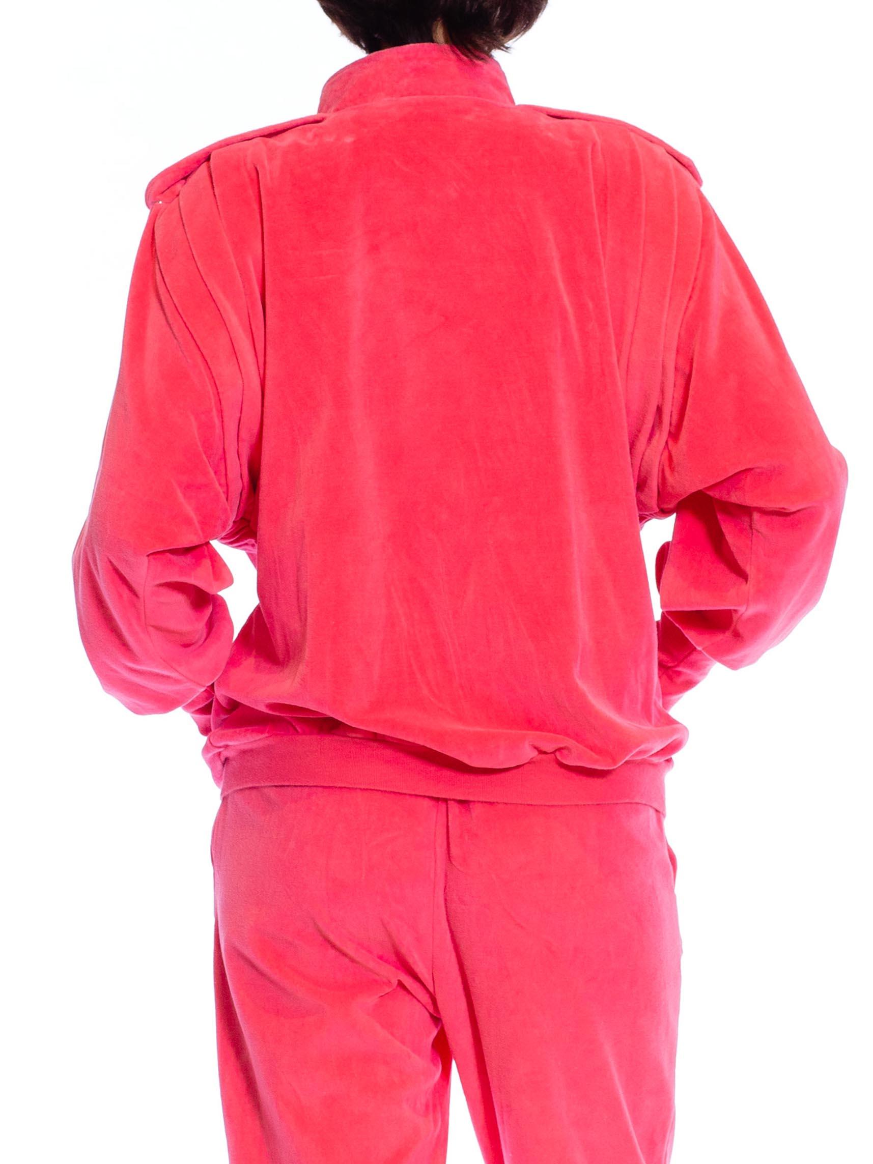 1980S PIERRE CARDIN Hot Pink Cotton Blend Velour Track Pant Suit For Sale 3