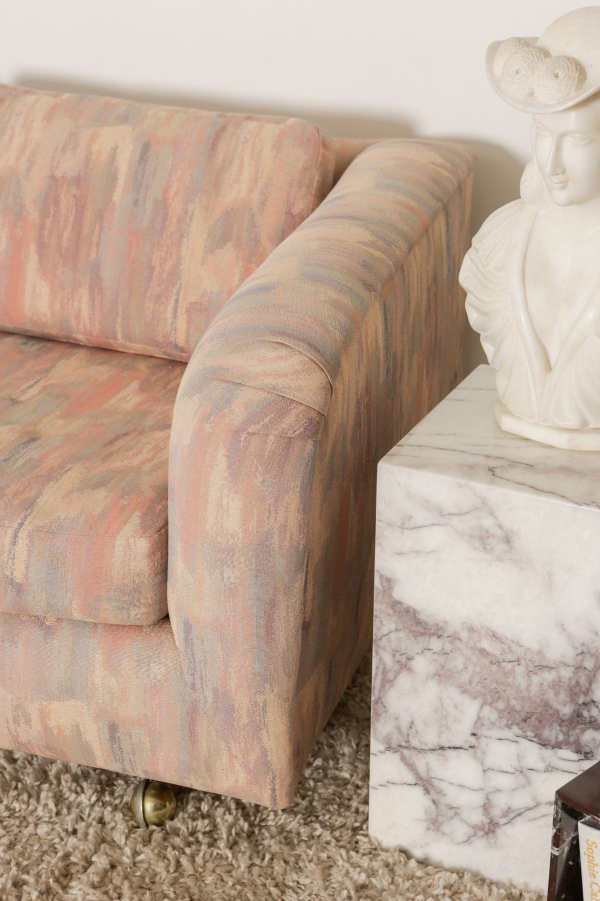 1980s Pink Bloomingdales Custom Made 3 Seater sofa with Brass Casters 4