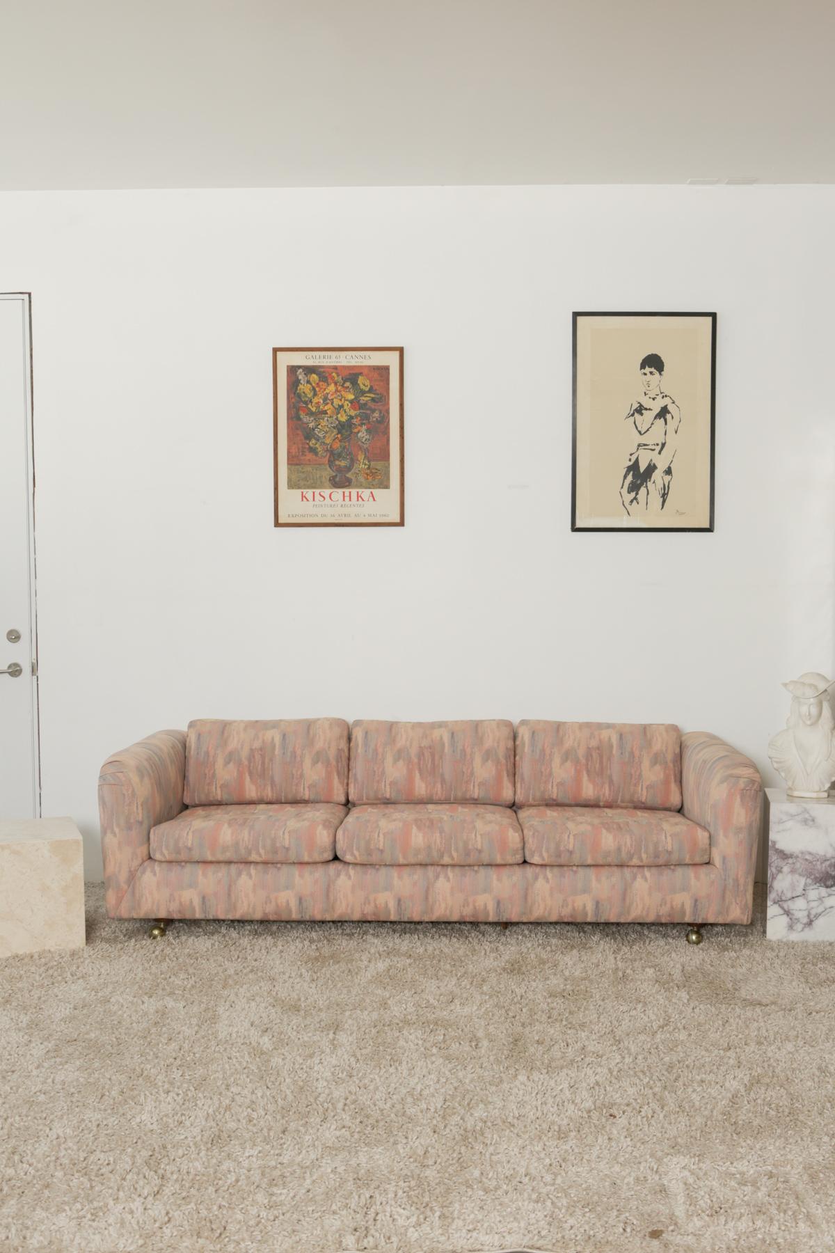 1980s Pink Bloomingdales Custom Made 3 Seater sofa with Brass Casters 5