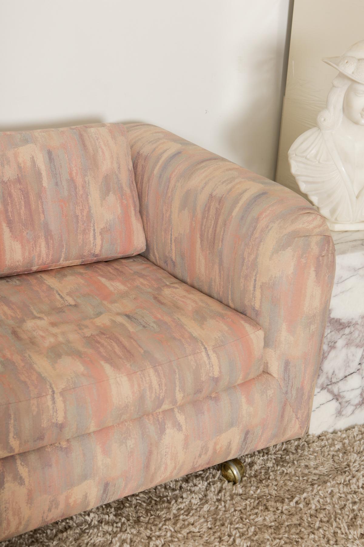 1980s Pink Bloomingdales Custom Made 3 Seater sofa with Brass Casters In Good Condition In Armonk, NY