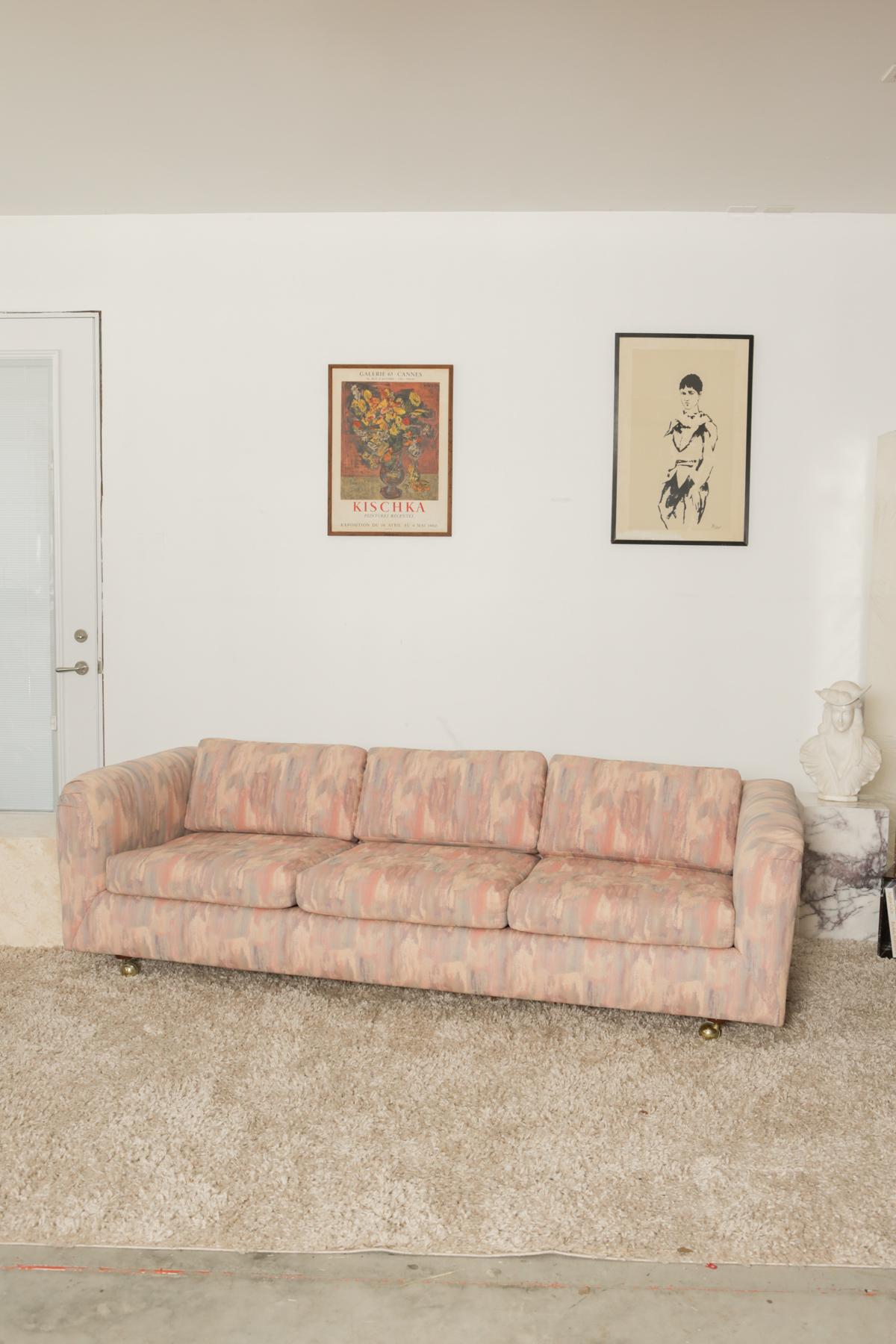 1980s Pink Bloomingdales Custom Made 3 Seater sofa with Brass Casters 1