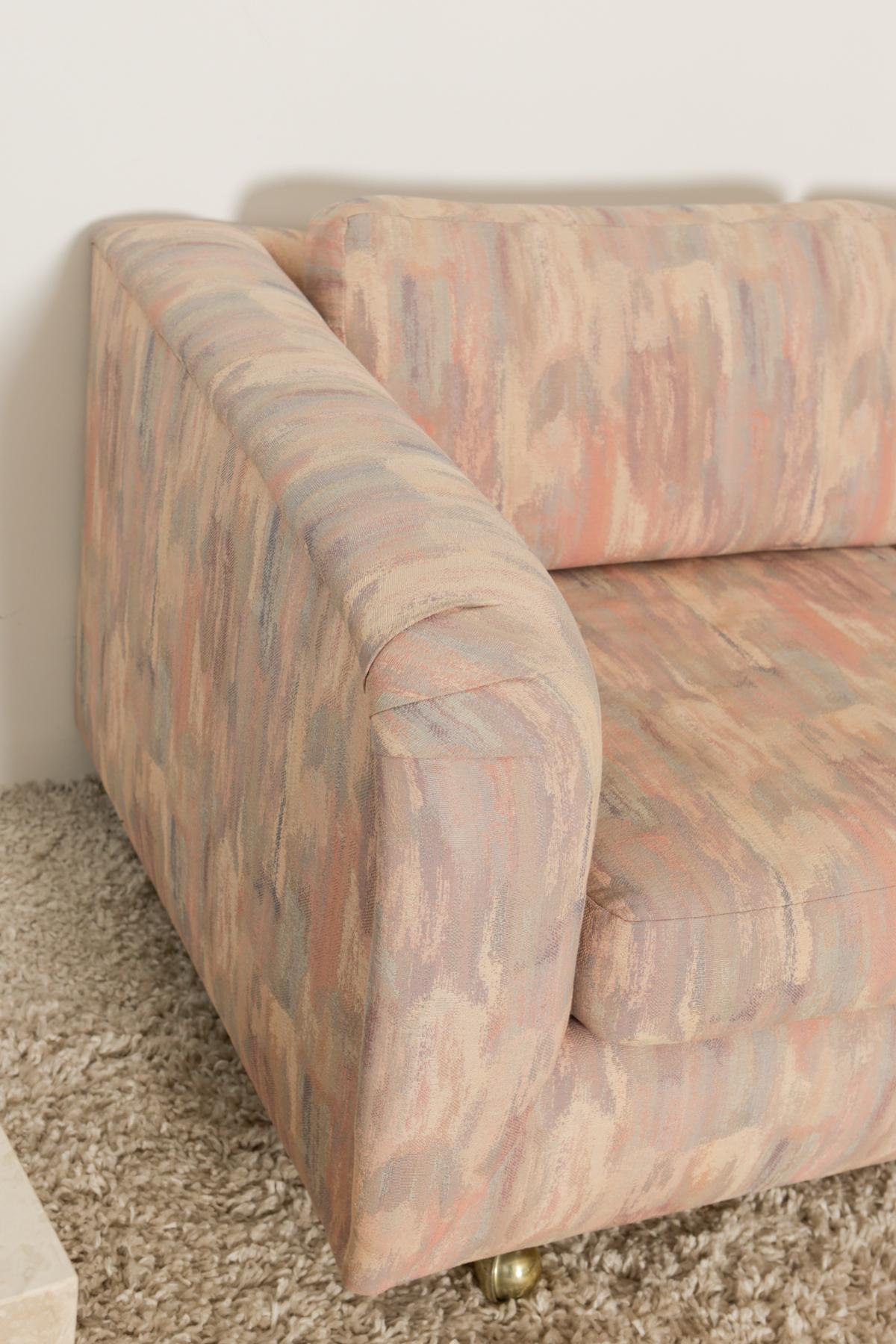 1980s Pink Bloomingdales Custom Made 3 Seater sofa with Brass Casters 2