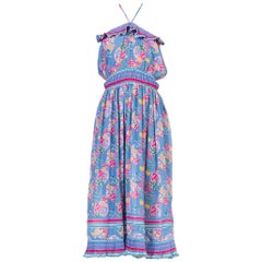 1980S  Pink 
Blue Polyester Chiffon Ruffled Boho Strapless Dress With Tasseled