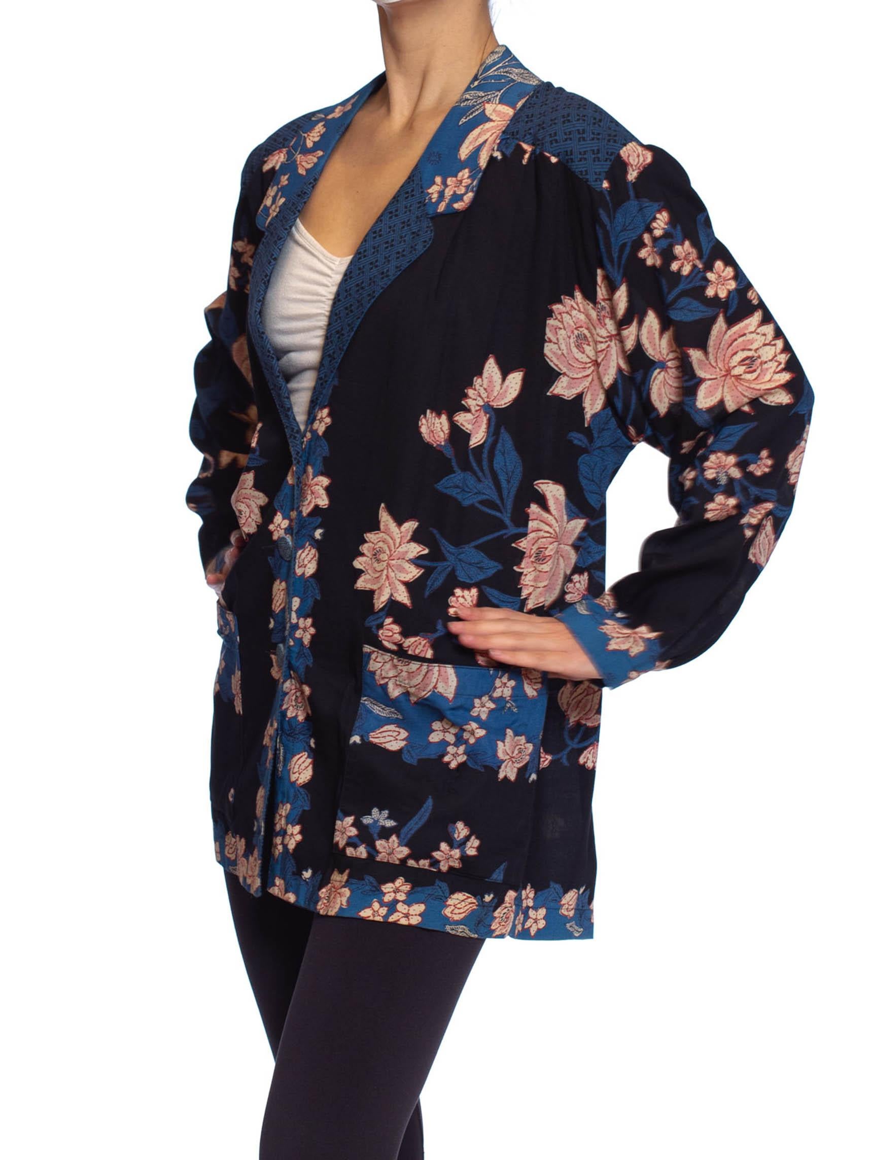 1980S Pink & Blue Rayon Asian Floral Lightweight Oversized Blazer Jacket 5