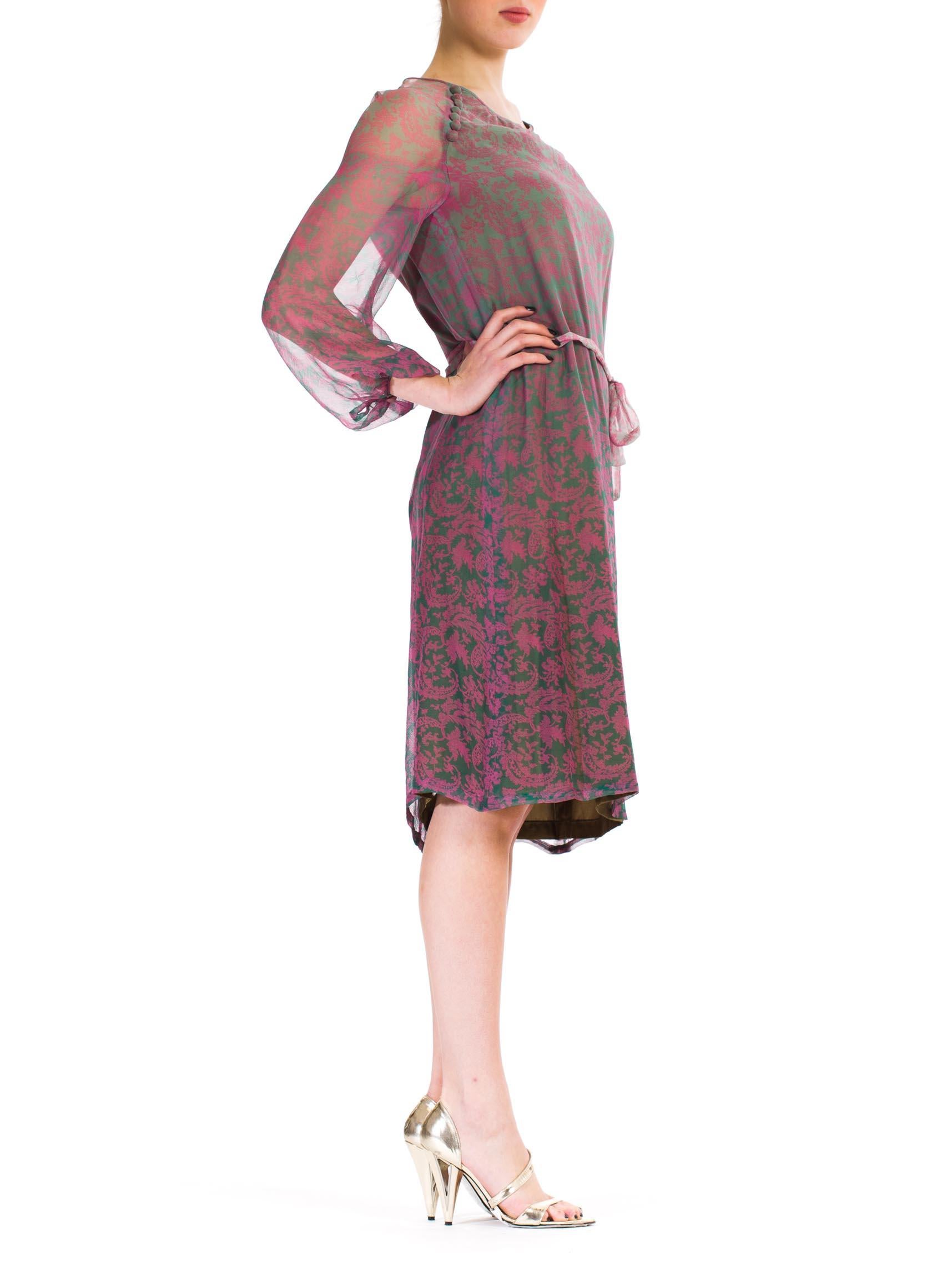 Women's 1980S Pink  & Grey Silk Chiffon Paisley Printed Sheer Sleeve Dress With Belt For Sale