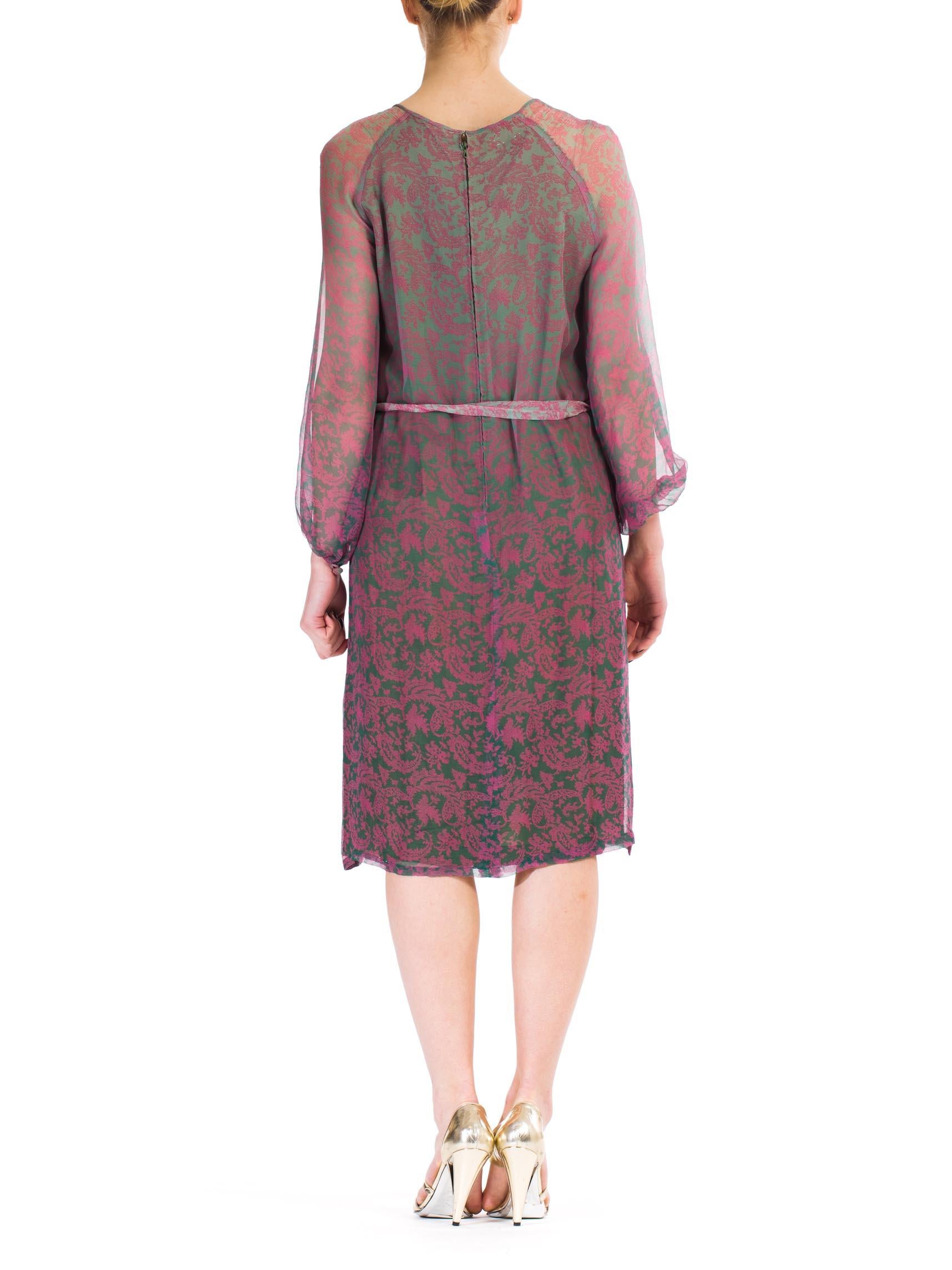 1980S Pink  & Grey Silk Chiffon Paisley Printed Sheer Sleeve Dress With Belt For Sale 2