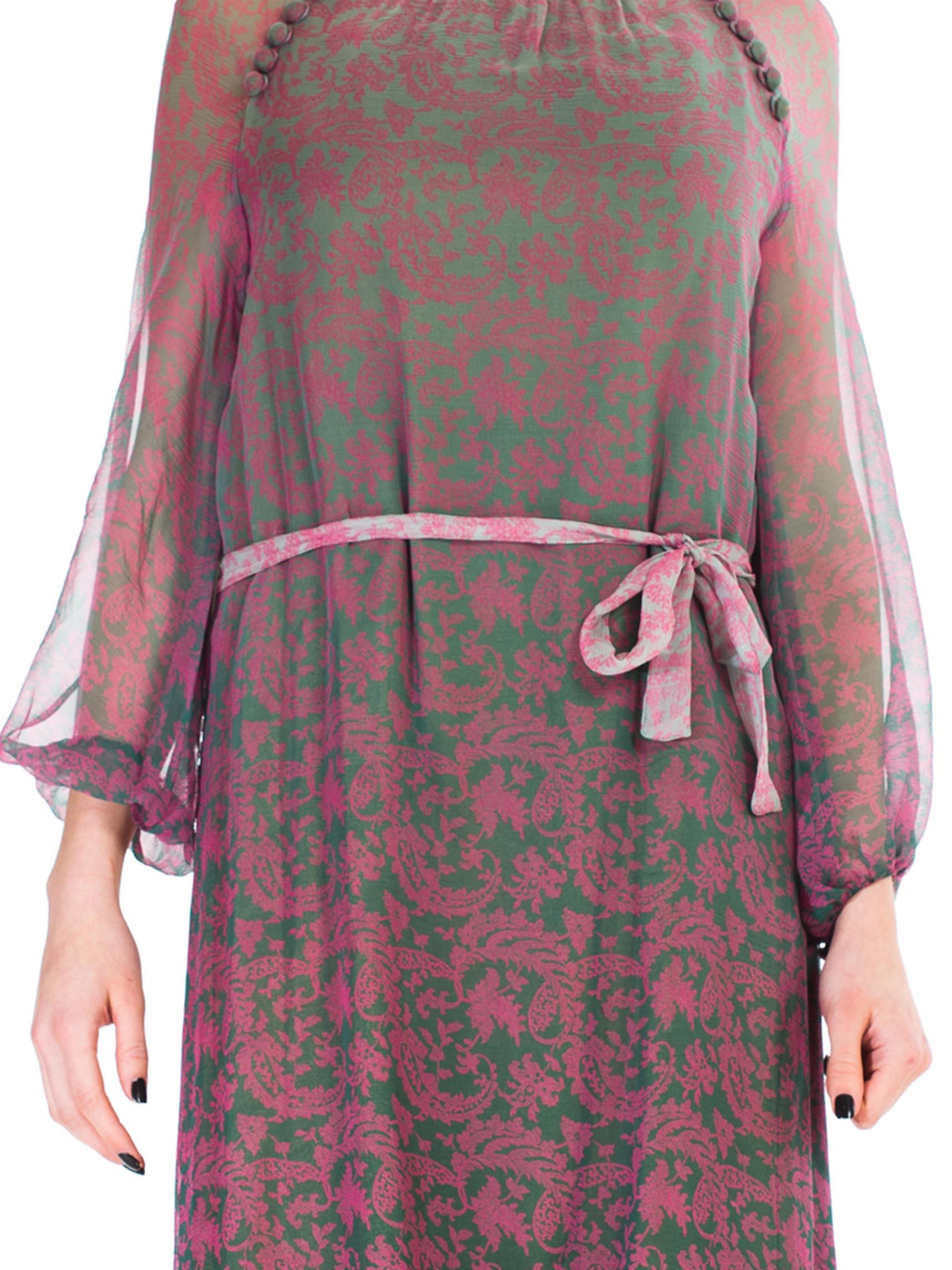 1980S Pink  & Grey Silk Chiffon Paisley Printed Sheer Sleeve Dress With Belt For Sale 3