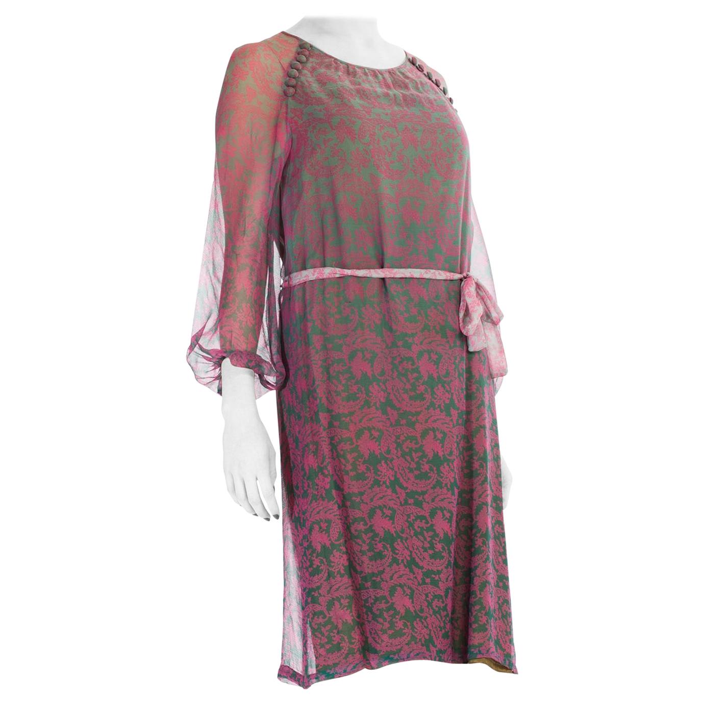 1980S Pink  & Grey Silk Chiffon Paisley Printed Sheer Sleeve Dress With Belt For Sale
