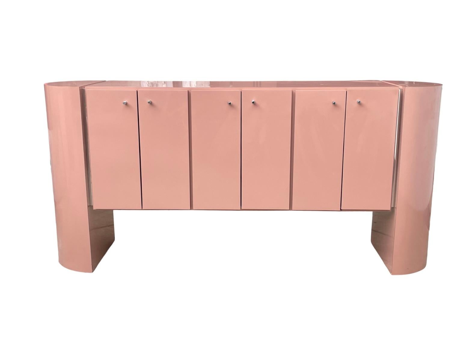 Stunning pink lacquered & formica rounded edge sideboard with chrome accents in the manner of Karl Springer 
