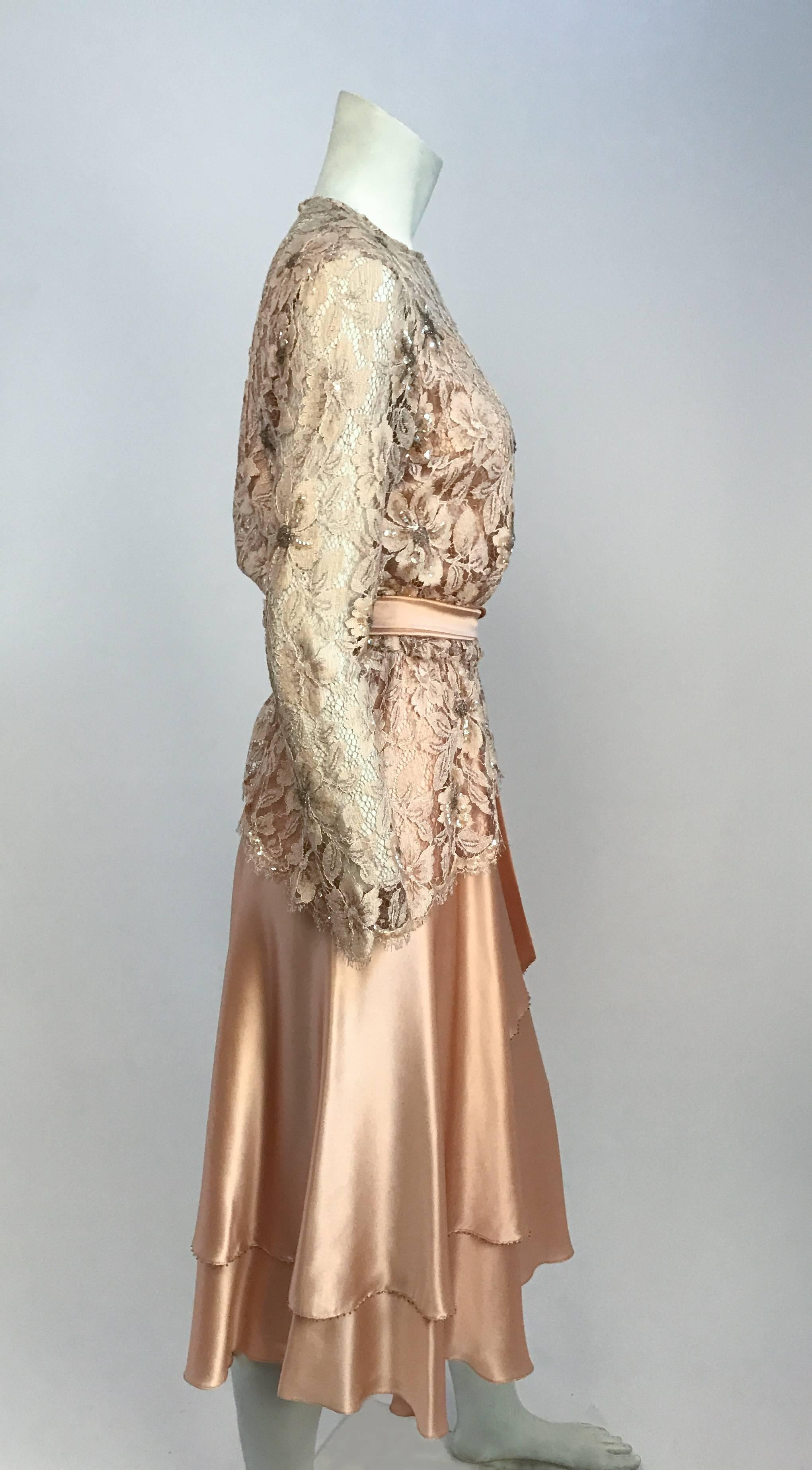 Brown 1980's Pink Lace and Satin Dress For Sale