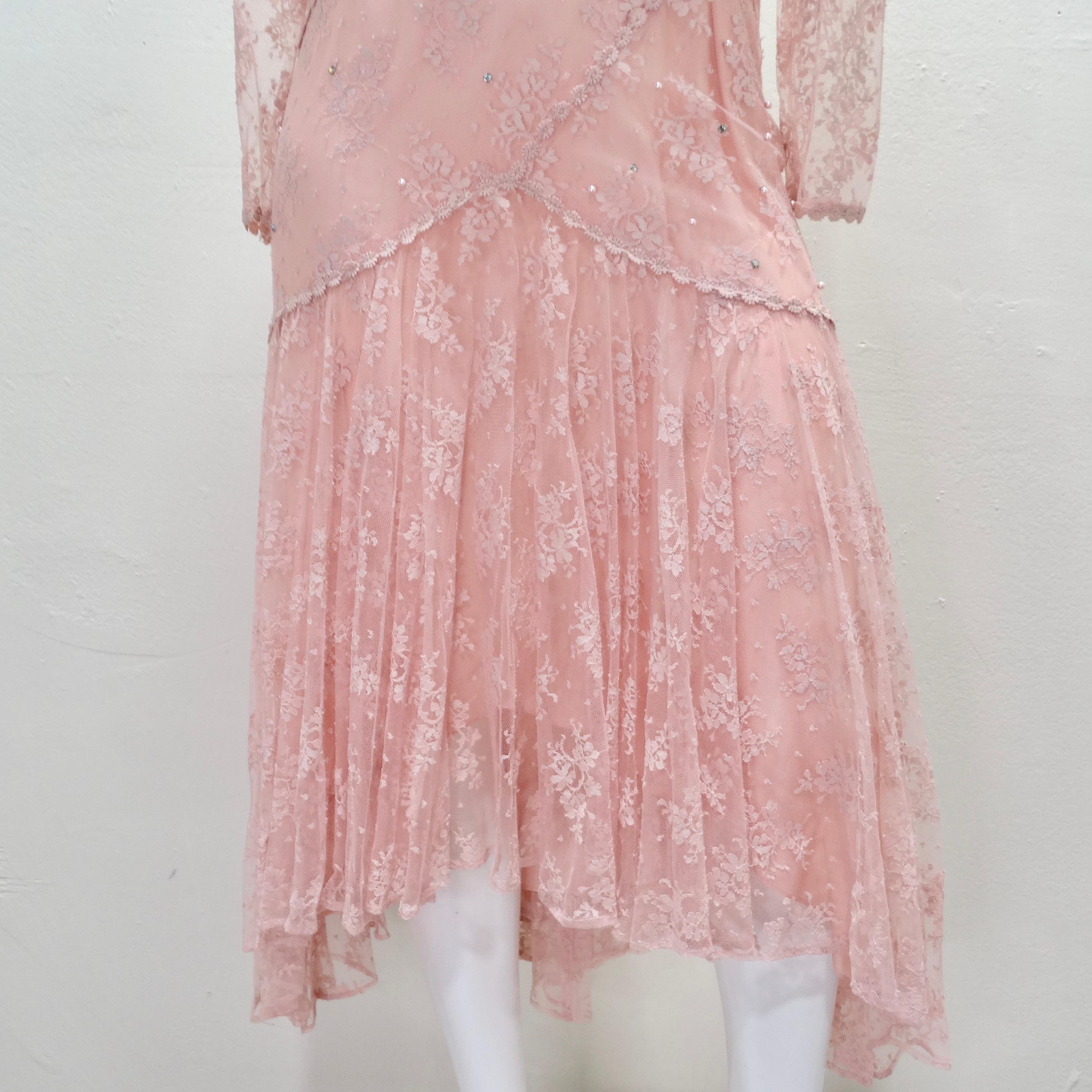 Brown 1980s Pink Lace Layered Slip & Long Sleeve Dress For Sale
