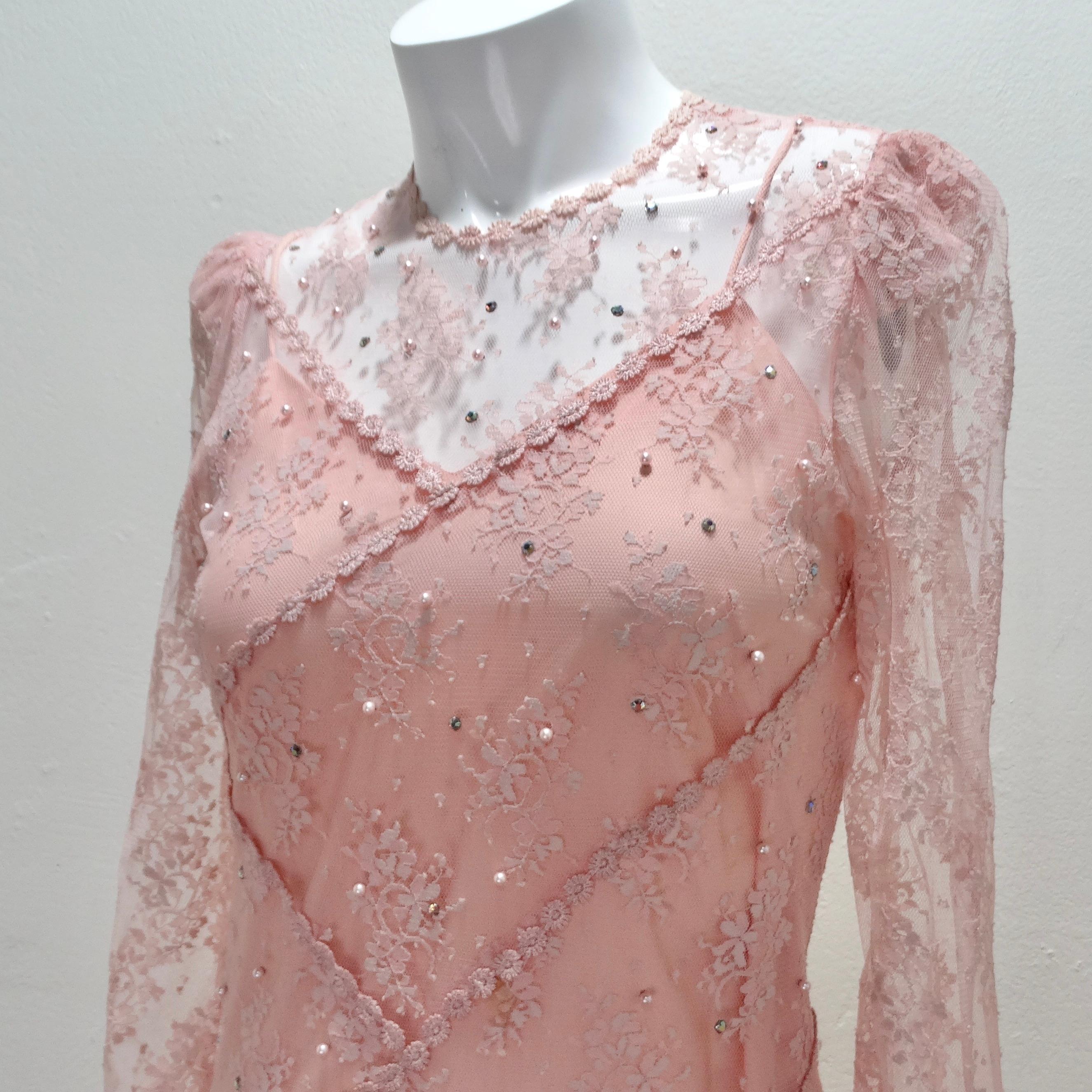 1980s Pink Lace Layered Slip & Long Sleeve Dress In Good Condition For Sale In Scottsdale, AZ