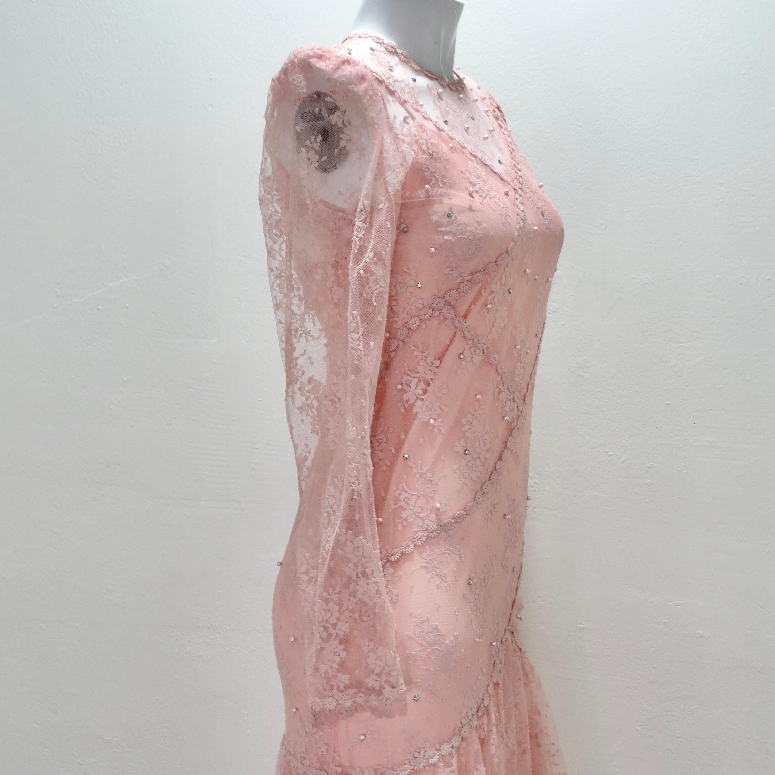 1980s Pink Lace Layered Slip & Long Sleeve Dress For Sale 1