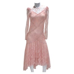 Vintage 1980s Pink Lace Layered Slip & Long Sleeve Dress