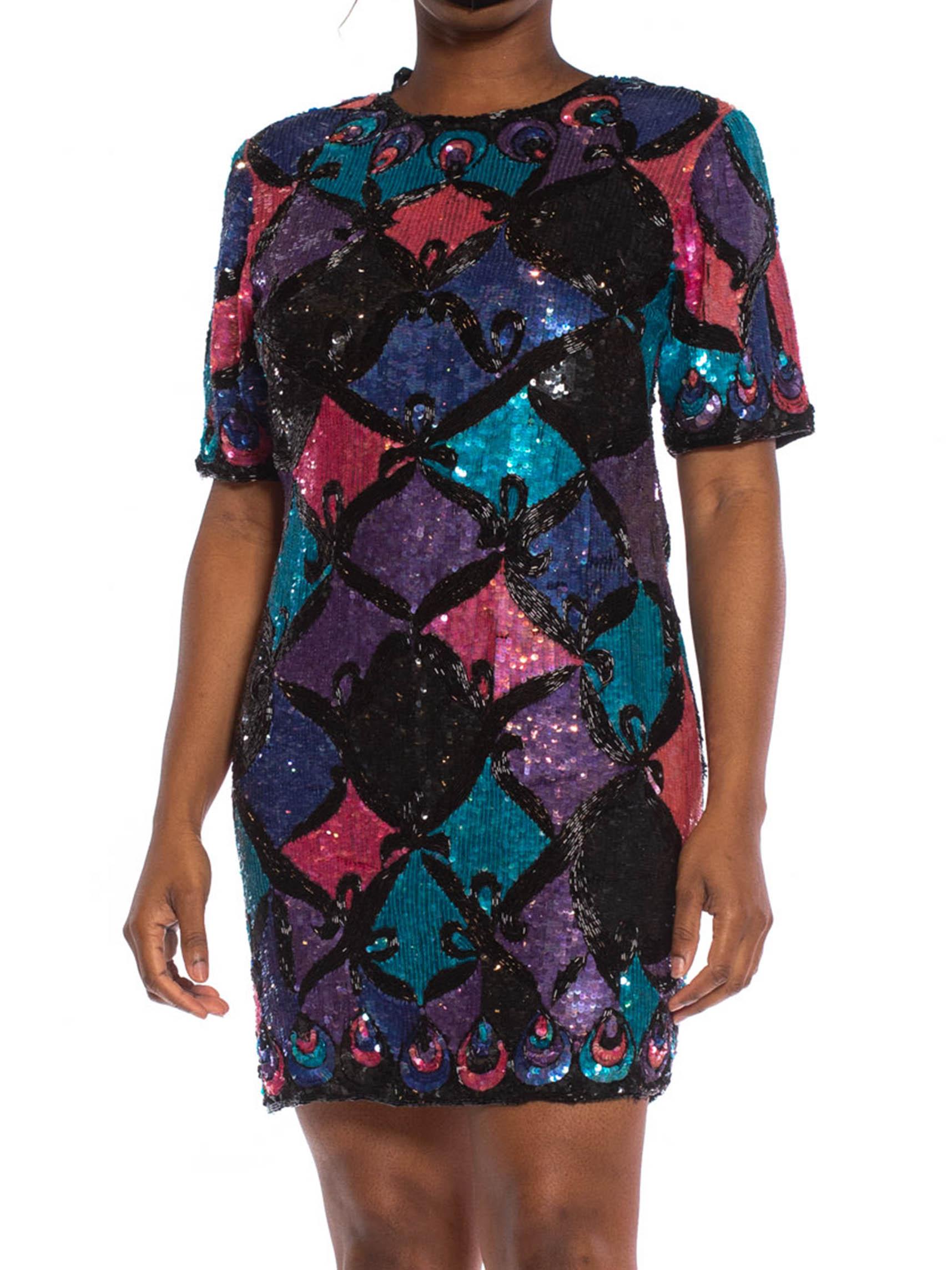 Women's 1980S Pink, Purple & Blue Sequined Silk Cocktail Dress Beaded With Black Garlan For Sale