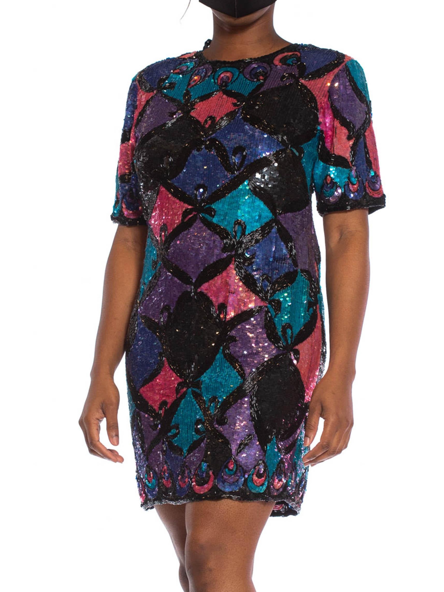 1980S Pink, Purple & Blue Sequined Silk Cocktail Dress Beaded With Black Garlan For Sale 2