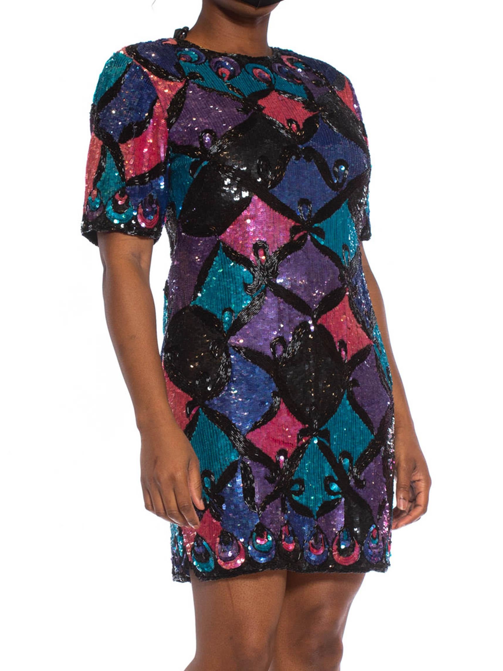 1980S Pink, Purple & Blue Sequined Silk Cocktail Dress Beaded With Black Garlan For Sale 3