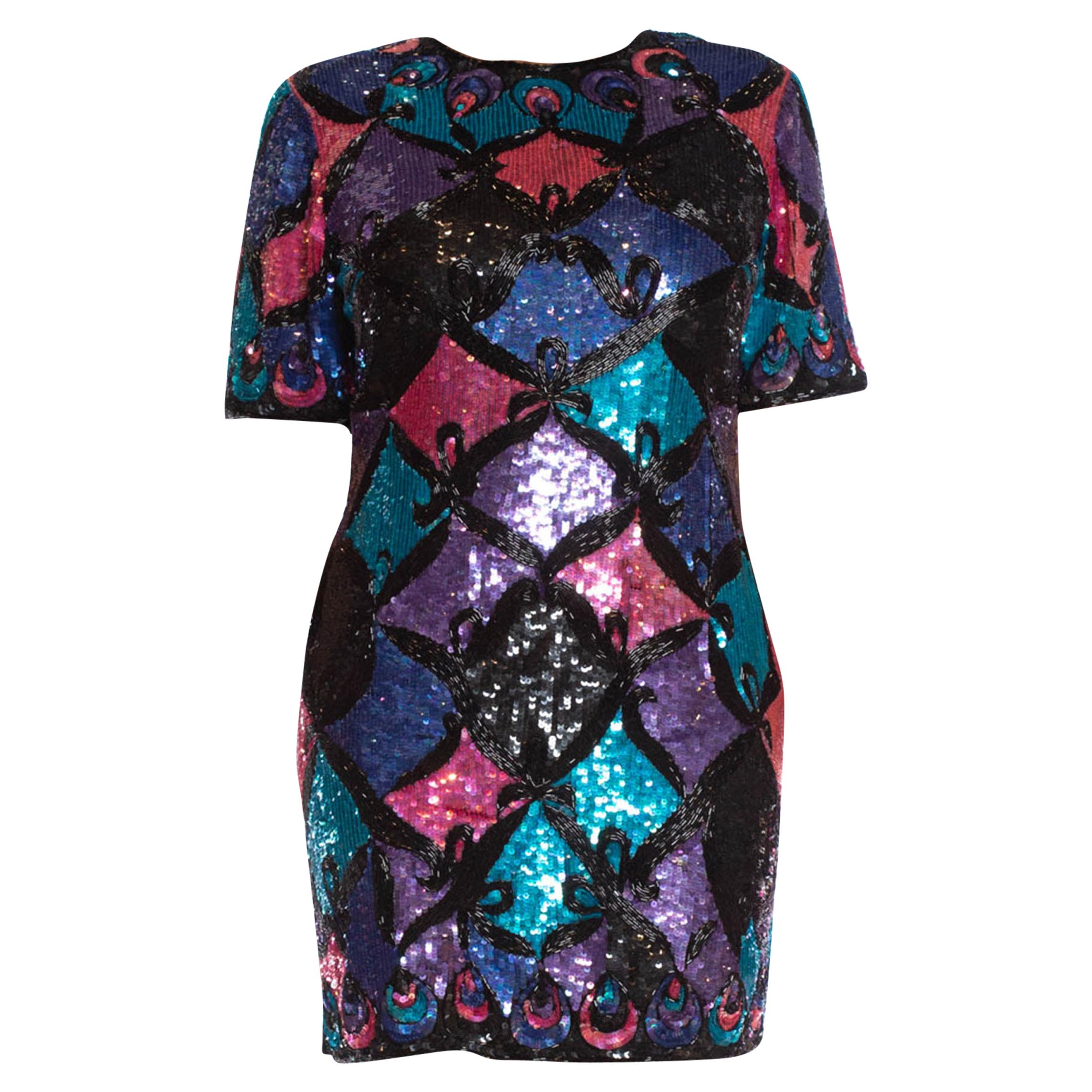 1980S Pink, Purple & Blue Sequined Silk Cocktail Dress Beaded With Black Garlan For Sale