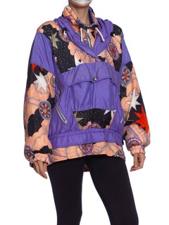 1980S Pink  & Purple Nylon Astrology Print Pullover Ski Jacket