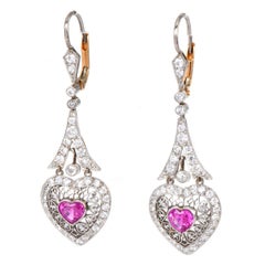 1980s  Pink Sapphire Heart Diamond Drop Earrings