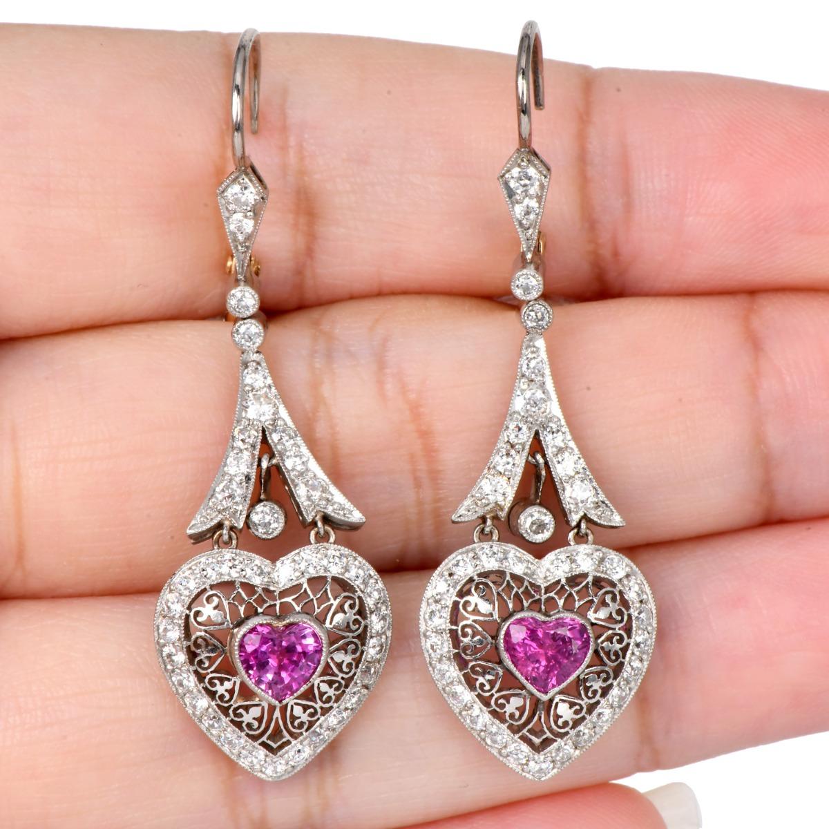 Art Deco 1980s  Pink Sapphire Heart Diamond Drop Earrings For Sale