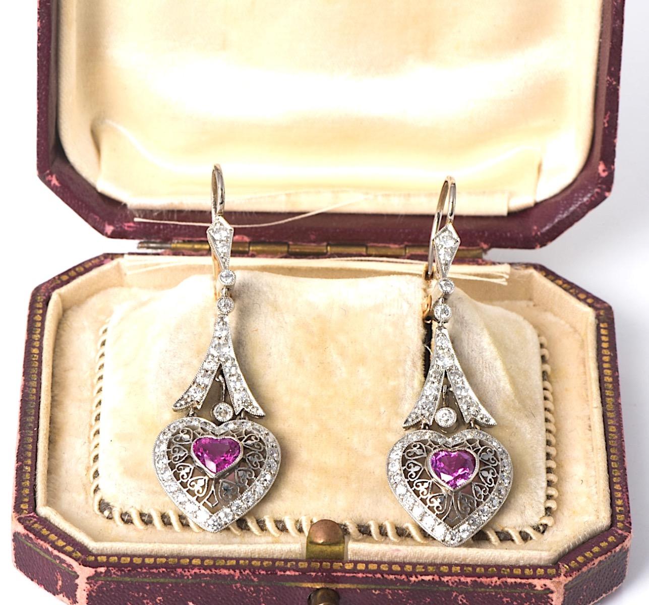 Round Cut 1980s  Pink Sapphire Heart Diamond Drop Earrings For Sale