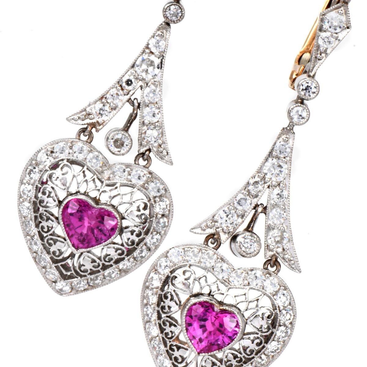 1980s  Pink Sapphire Heart Diamond Drop Earrings In Excellent Condition For Sale In Miami, FL