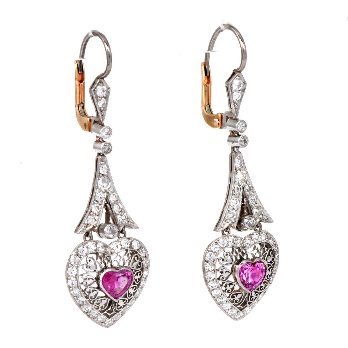 1980s  Pink Sapphire Heart Diamond Drop Earrings For Sale 1