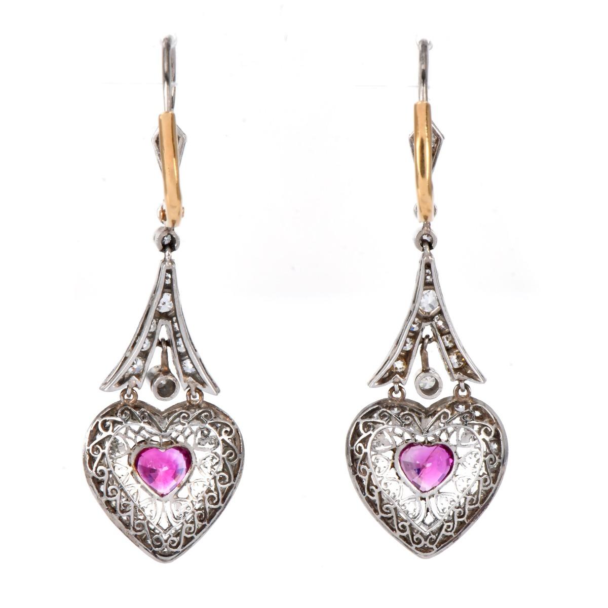 1980s  Pink Sapphire Heart Diamond Drop Earrings For Sale 2