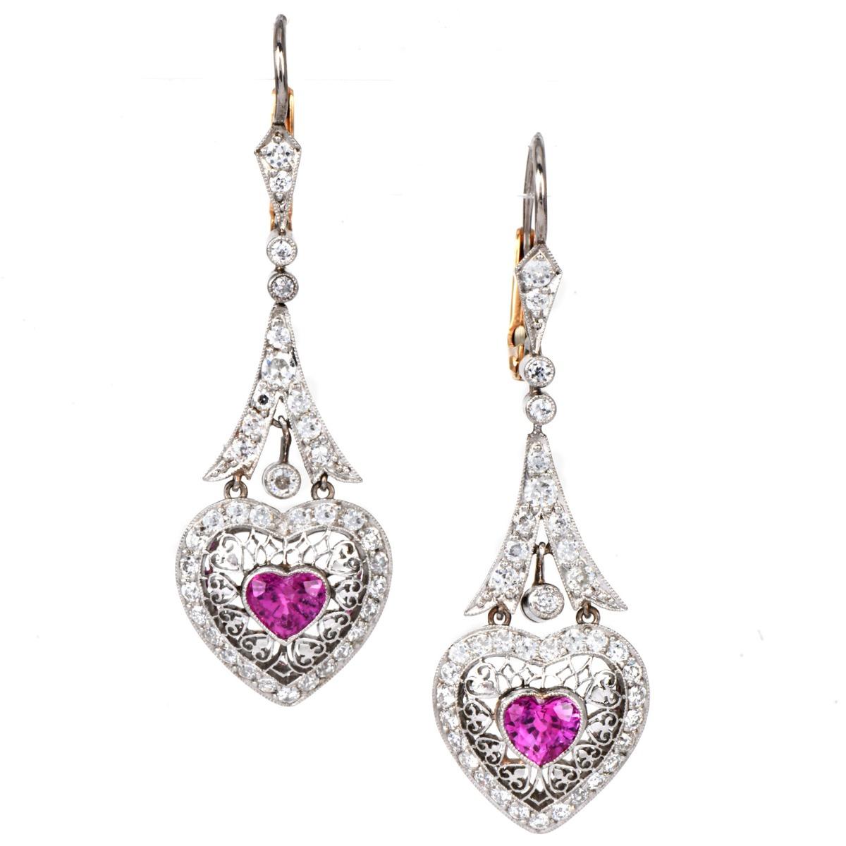 1980s  Pink Sapphire Heart Diamond Drop Earrings For Sale
