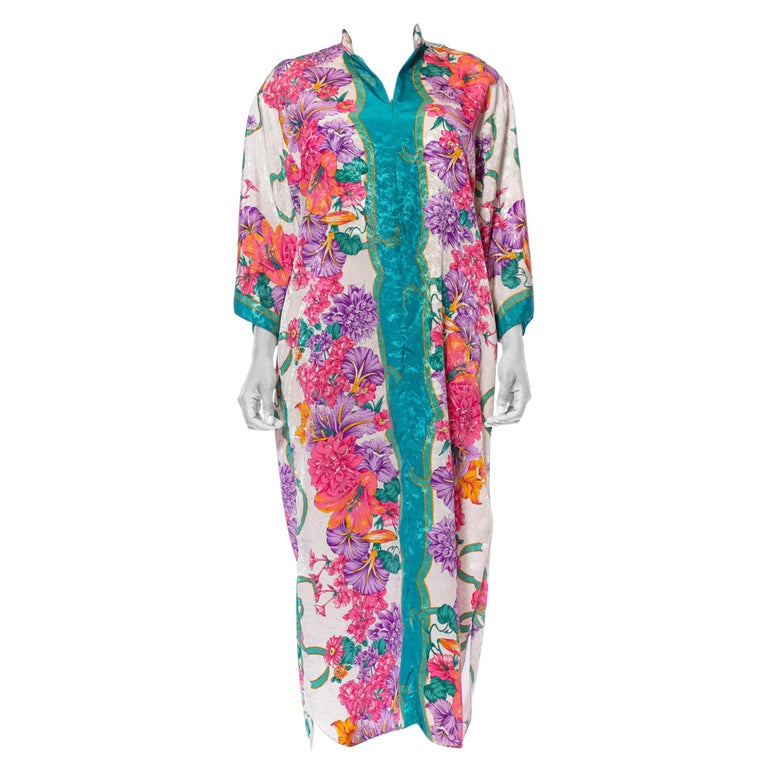 1980S Pink and White Tropical Polyester Jacquard Floral Silky Kaftan ...