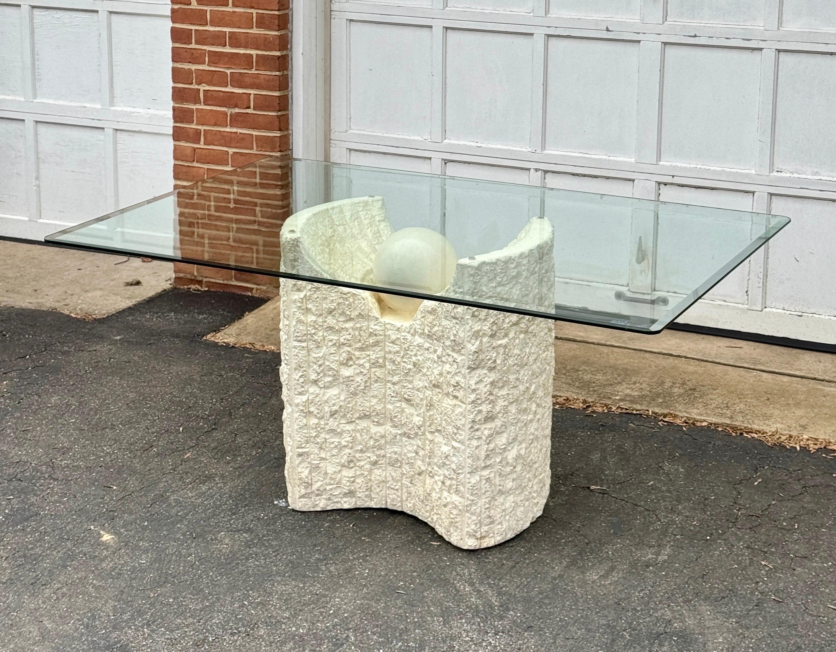 Beautiful vintage plaster dining table with easily removable tempered glass top made in the style of tessellated stone. The base is very sturdy.