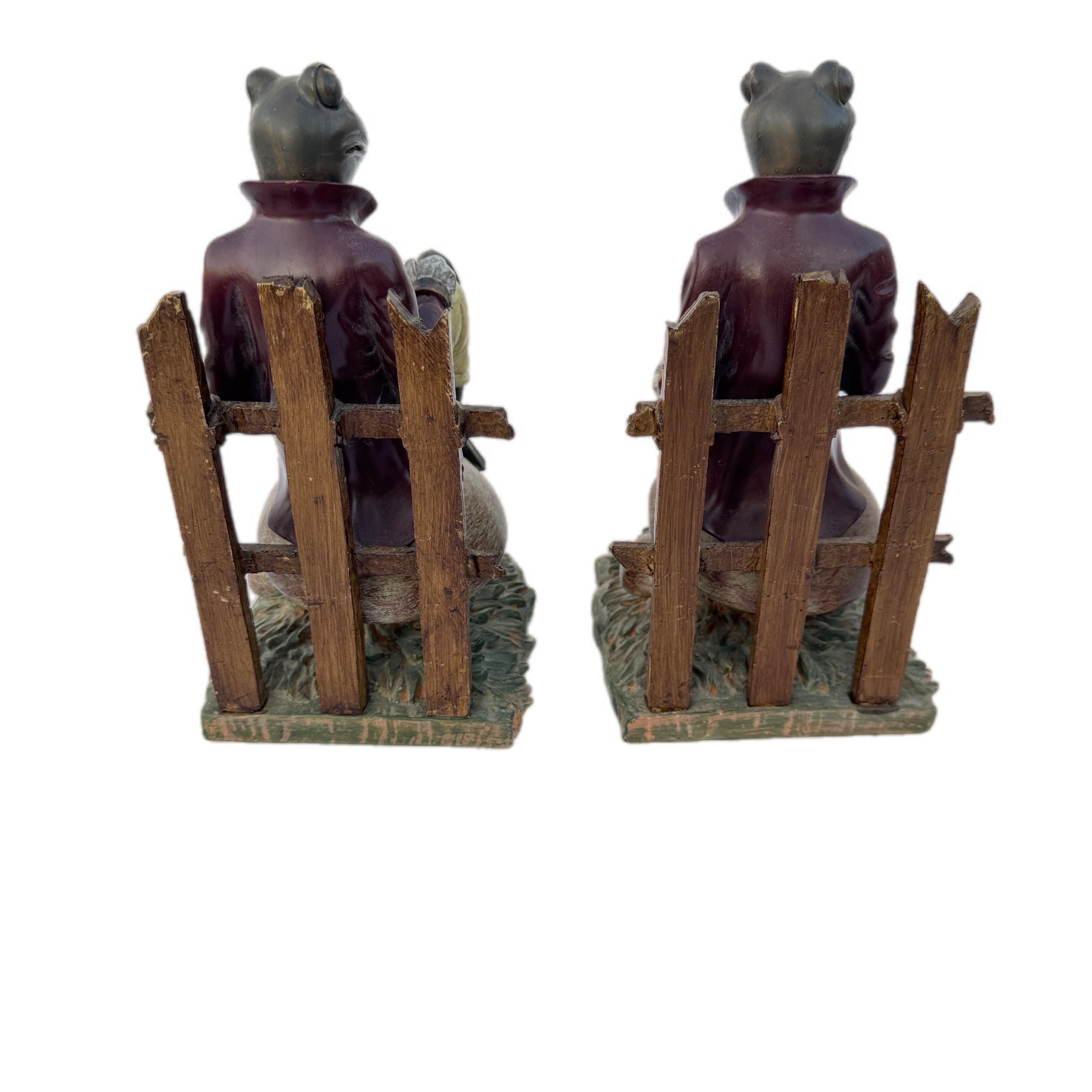 Pair of 1980s plaster bookends of a gentlemanly frog sitting on a mushroom cluster. Both are in good condition. They have a good weight to each one. Due to the nature of plaster there may be some tiny chips, but during my inspection I noticed two