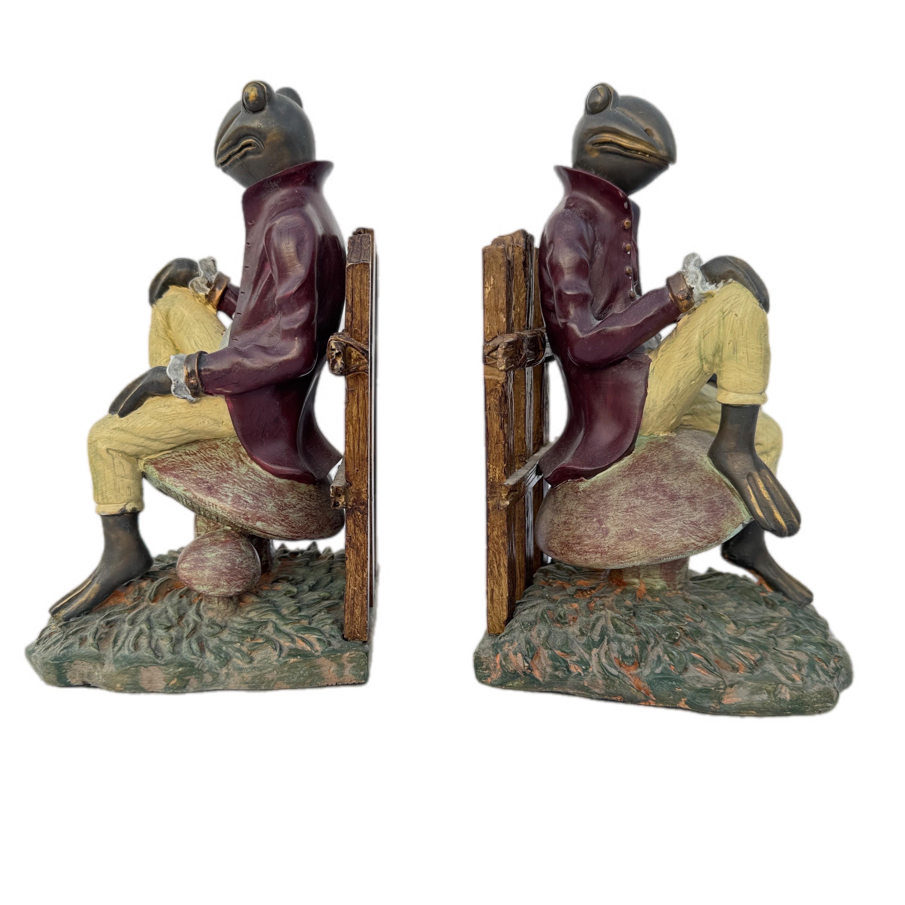 Unknown 1980s Plaster Gentlemanly Frog Bookends- A Pair For Sale