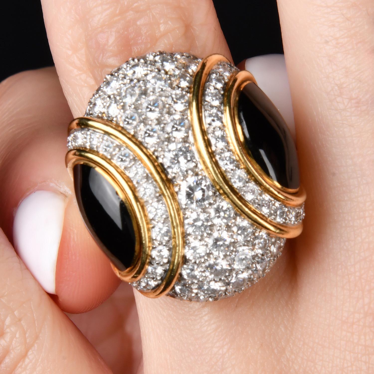 1980s  Platinum 18k Gold Black Jade & Diamond Dome Cocktail Ring For Sale 4