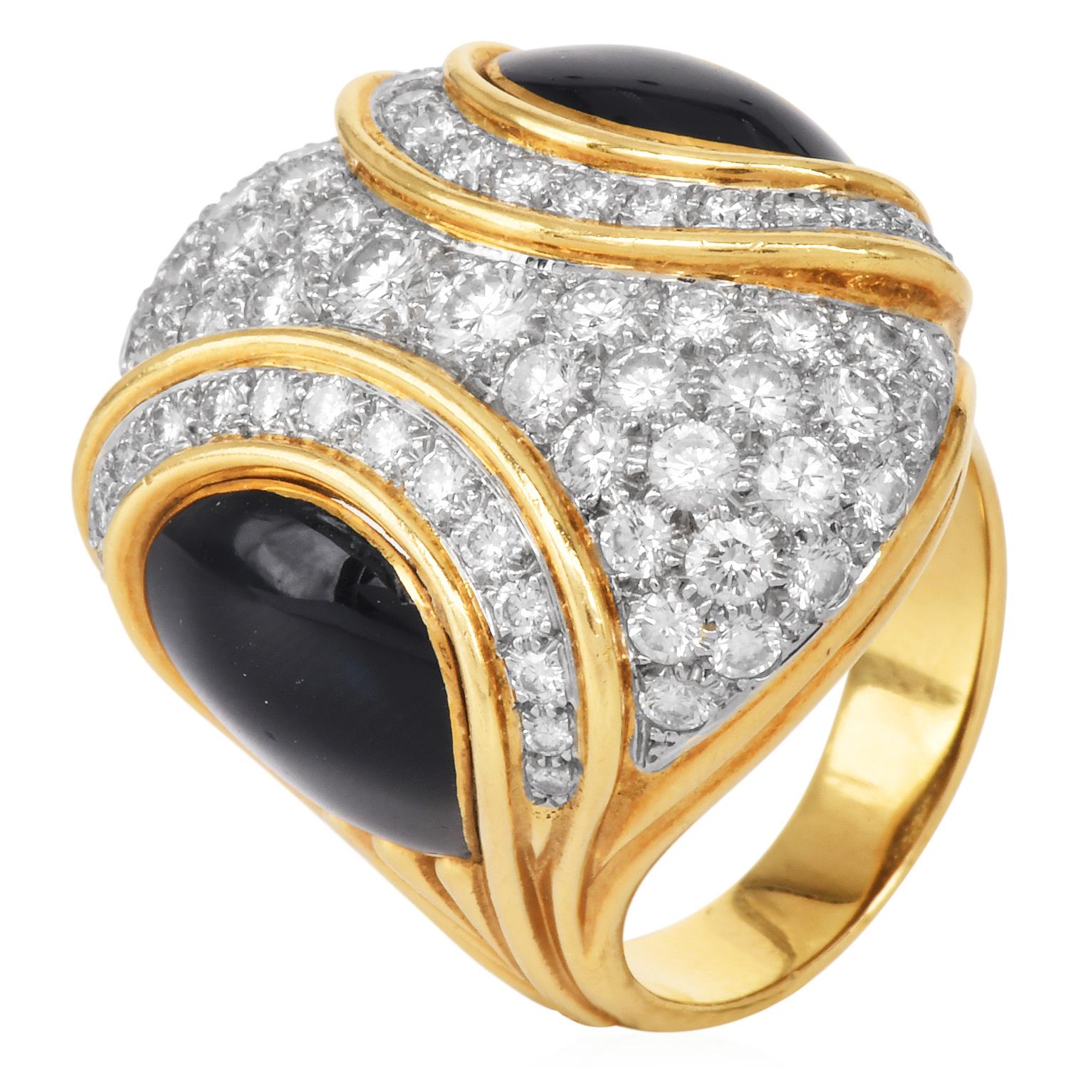 Round Cut 1980s  Platinum 18k Gold Black Jade & Diamond Dome Cocktail Ring For Sale