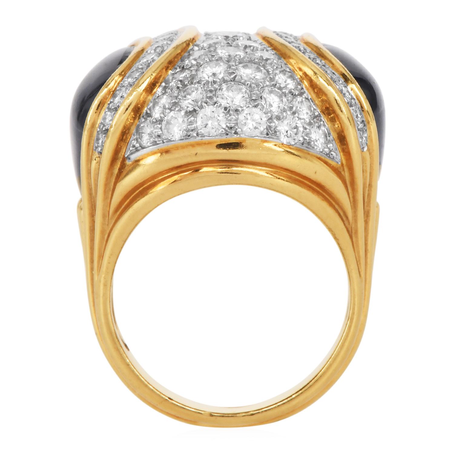 Women's or Men's 1980s  Platinum 18k Gold Black Jade & Diamond Dome Cocktail Ring For Sale