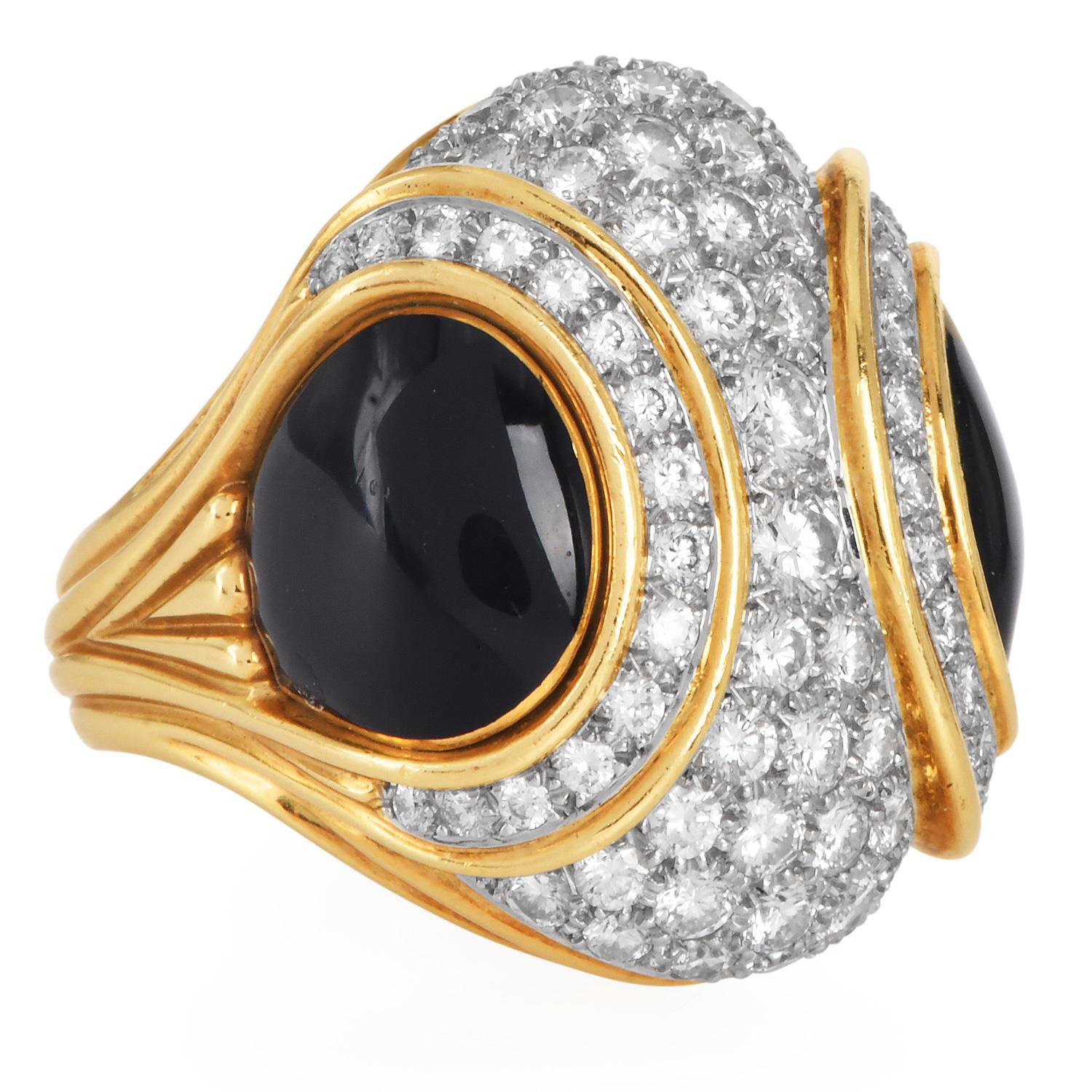 1980s  Platinum 18k Gold Black Jade & Diamond Dome Cocktail Ring For Sale 1