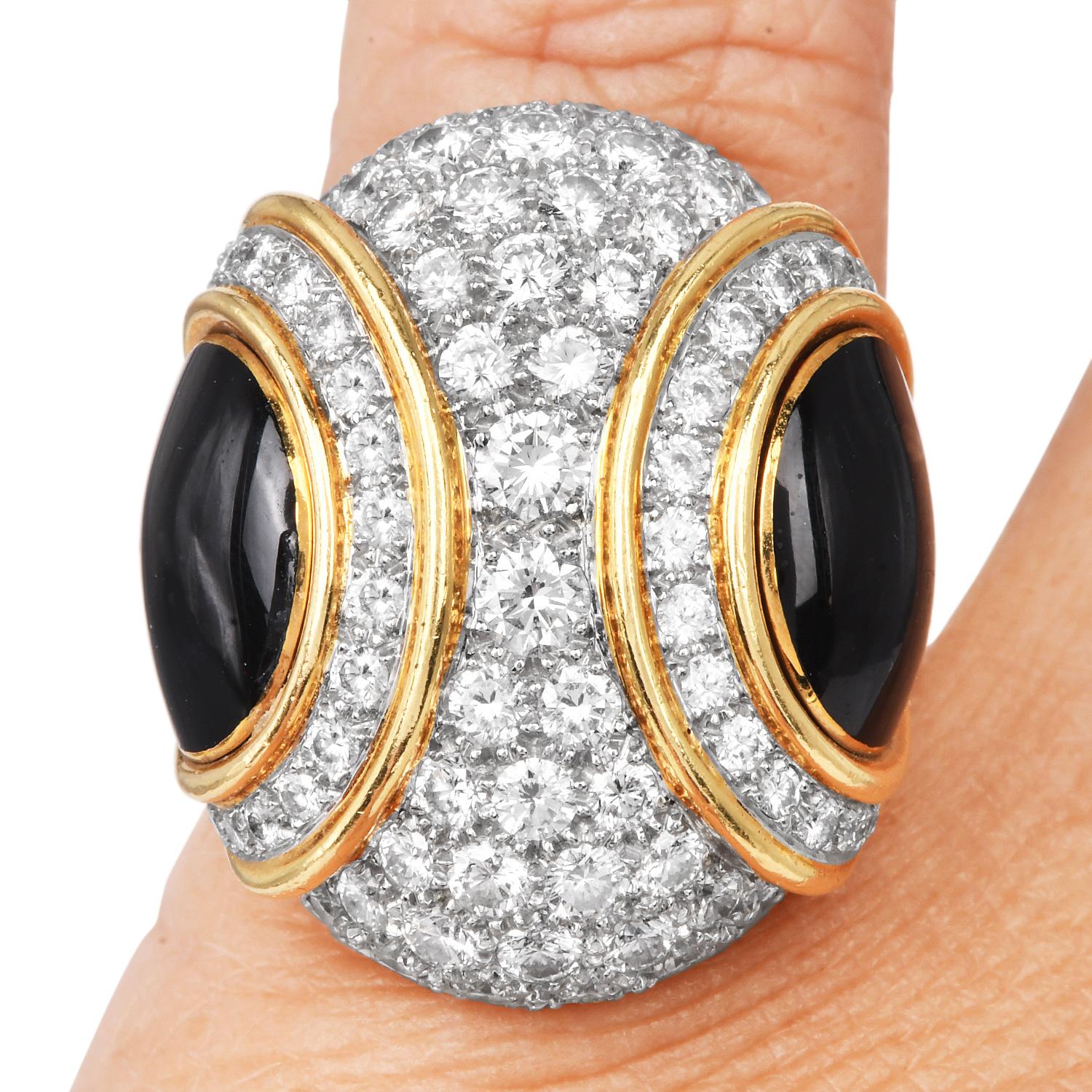 1980s  Platinum 18k Gold Black Jade & Diamond Dome Cocktail Ring For Sale 2