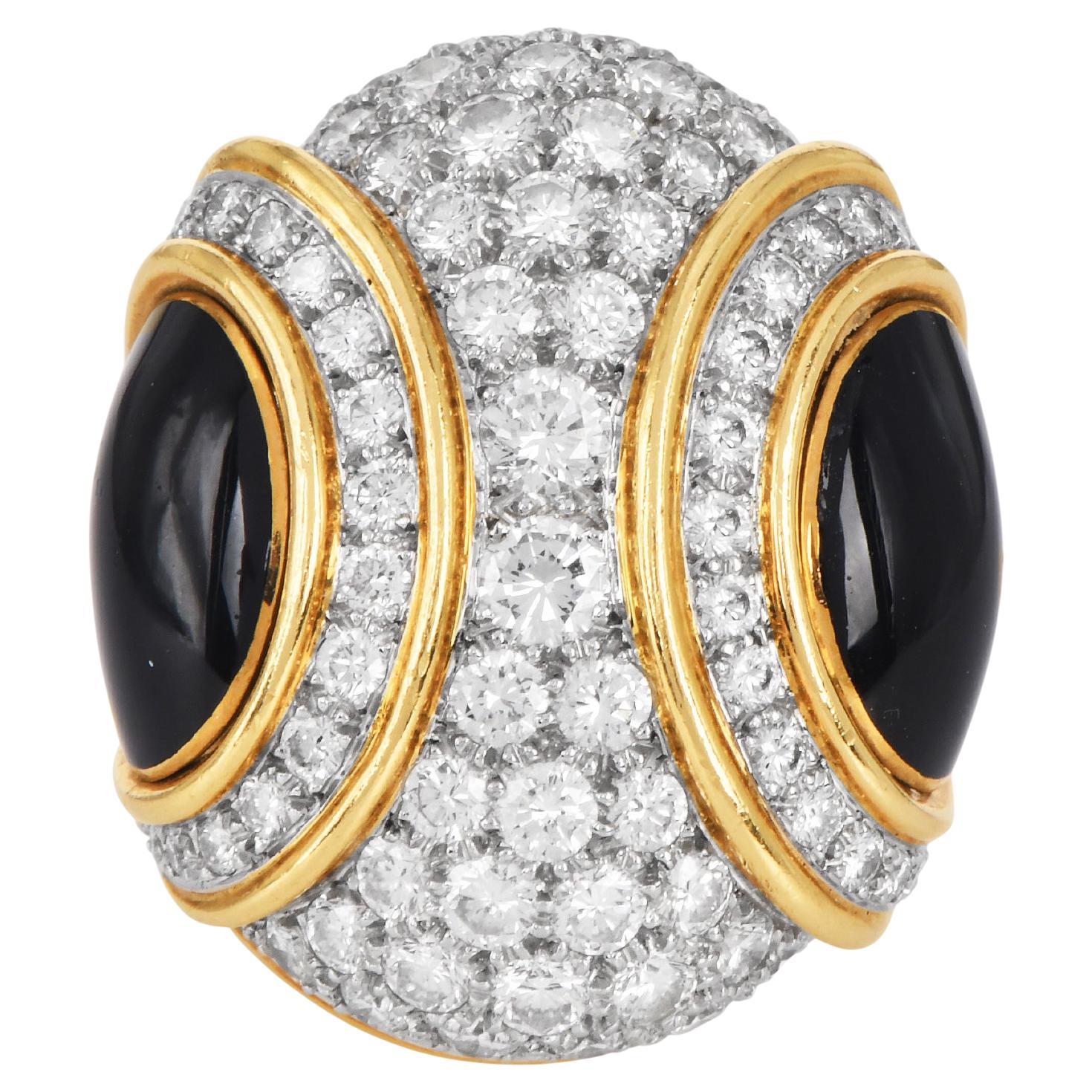 1980s  Platinum 18k Gold Black Jade & Diamond Dome Cocktail Ring For Sale